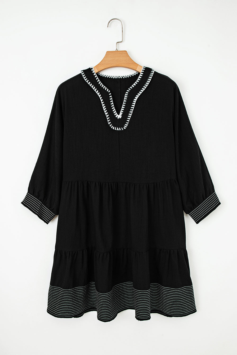 Contrast Stitched V-Neck 3/4 Sleeve Tiered Mini Dress - eAura