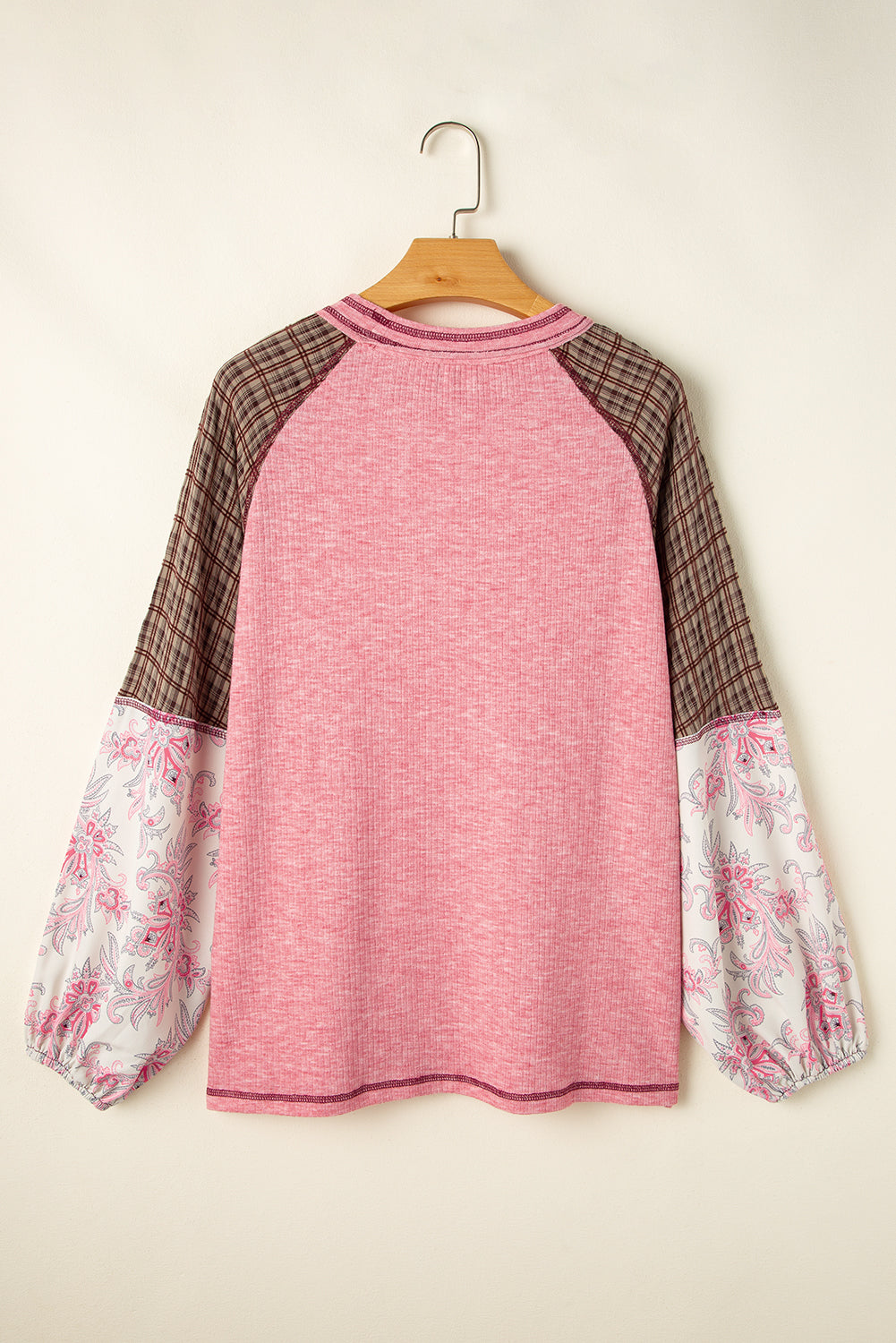 Fushia Mixed Print Patchwork Raglan Ribbed Knit Top eAura