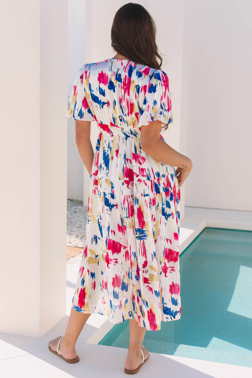 Rose Abstract Print Short Puff Sleeve Tiered Maxi Dress eAura