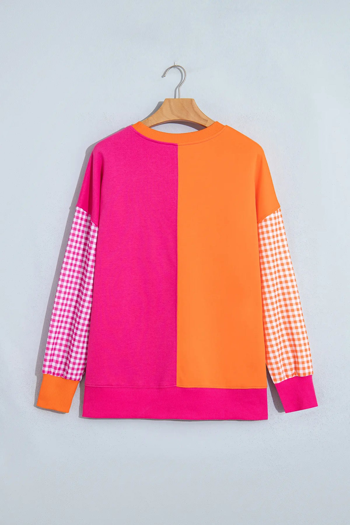 Colourblock Gingham Sleeve Crewneck Sweatshirt – Rose Red