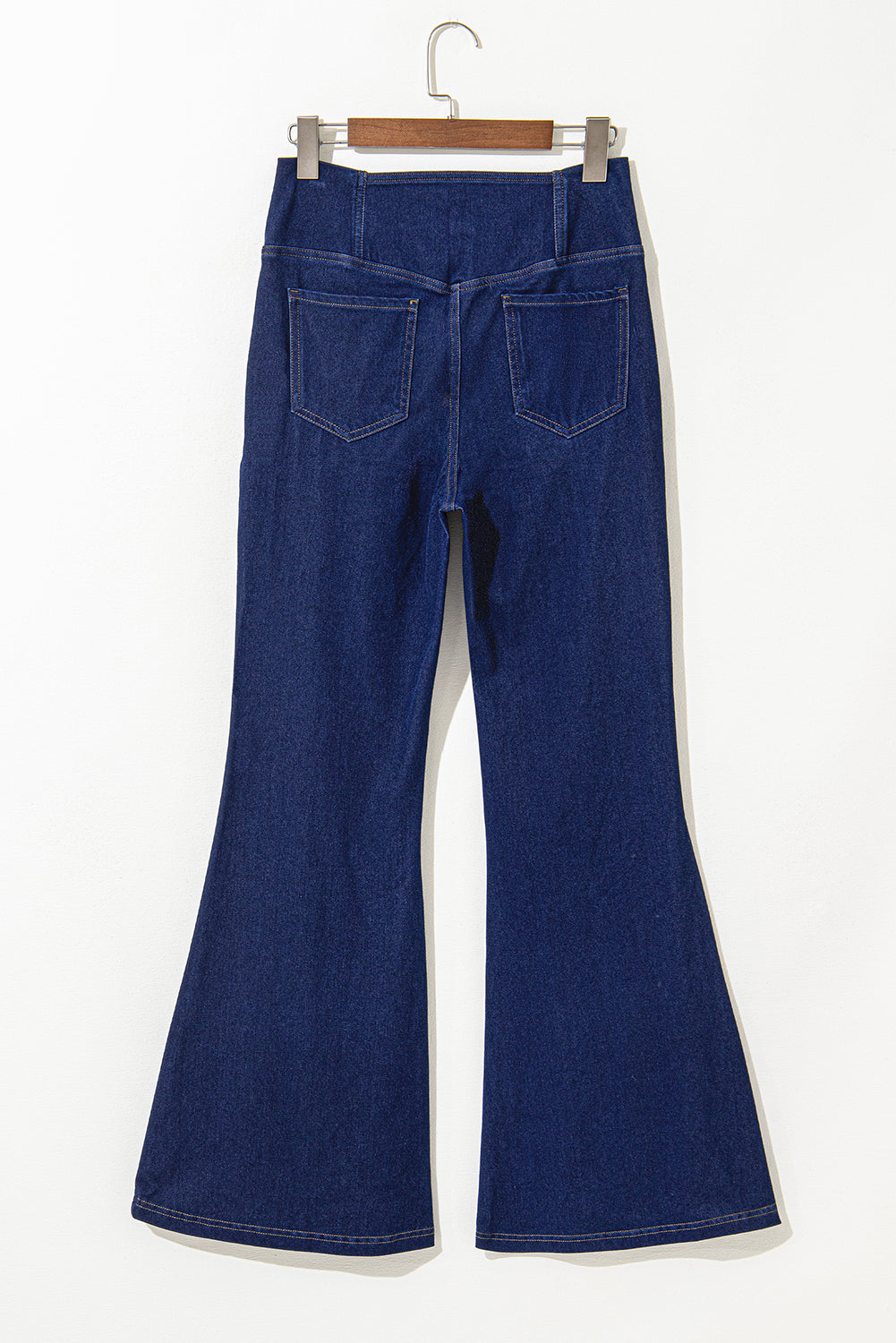 Dusk Blue Solid Crossed Waist High Elastic Fit Flare Jeans Beagle Boutique Fashion Outlet