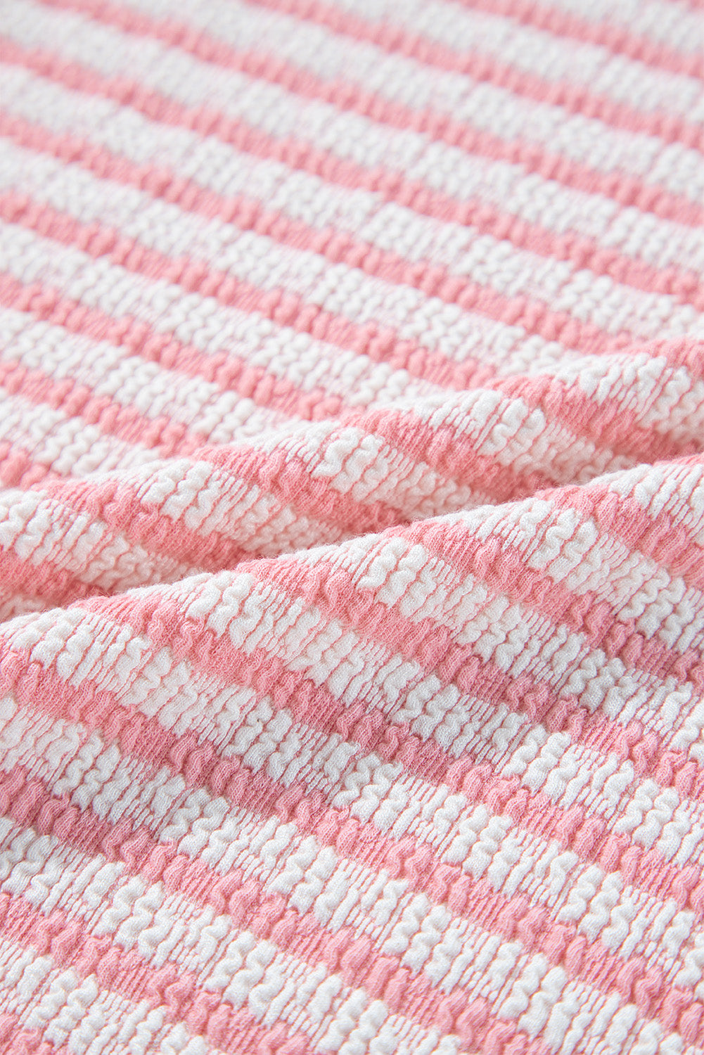 Pink Stripe Textured Puff Sleeve Crewneck Top eAura