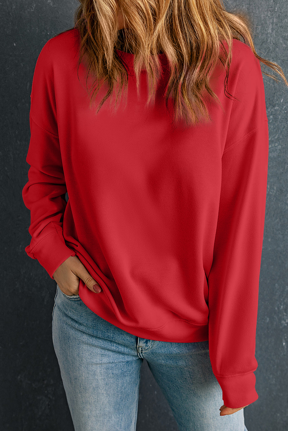 Red Solid Classic Crewneck Pullover Sweatshirt eAura