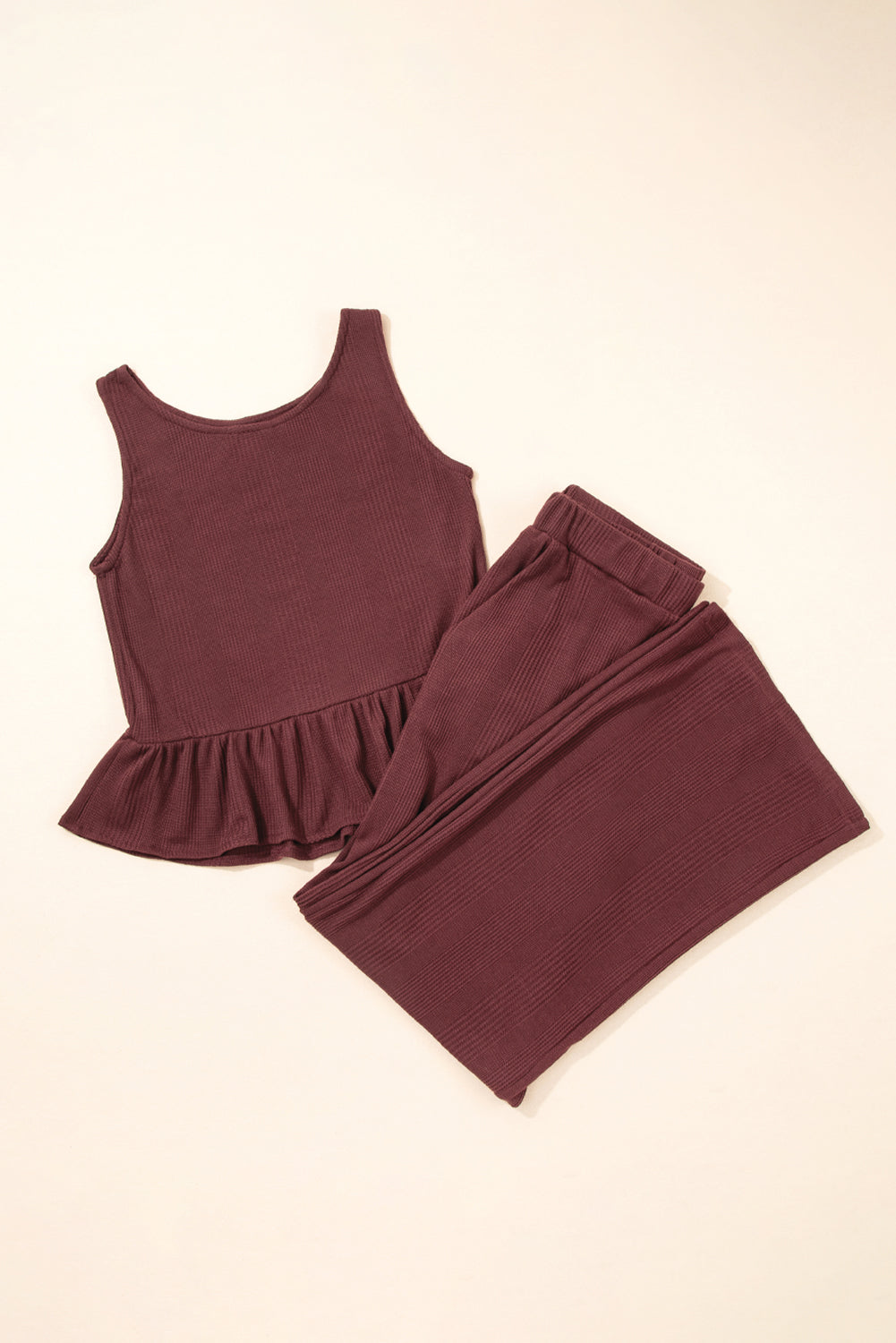 Red Dahlia Solid Colour Ribbed Ruffle Tank Top and Trousers Set eAura
