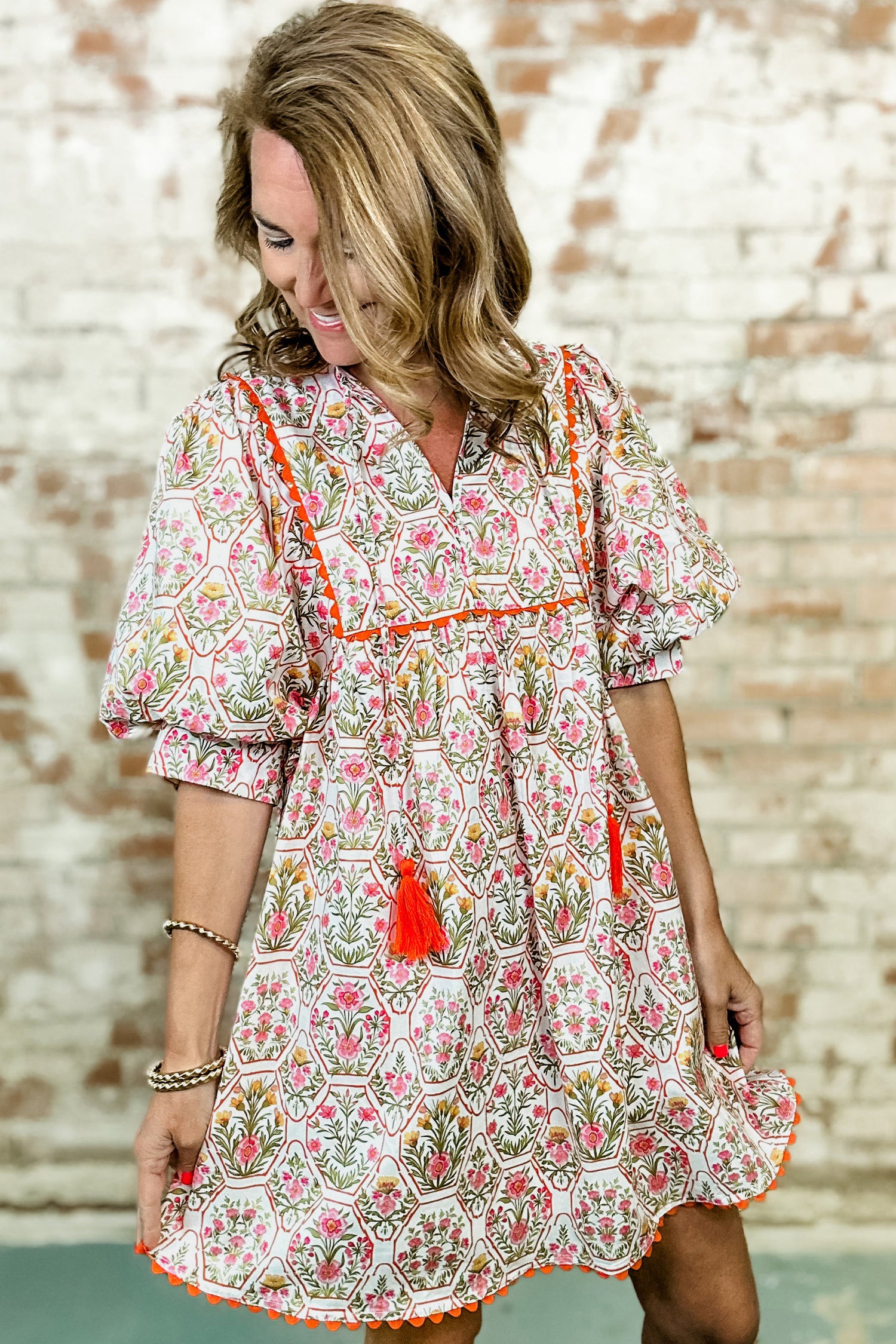 Floral Print Tassel Tie V-Neck Scalloped Detail Loose Mini Dress