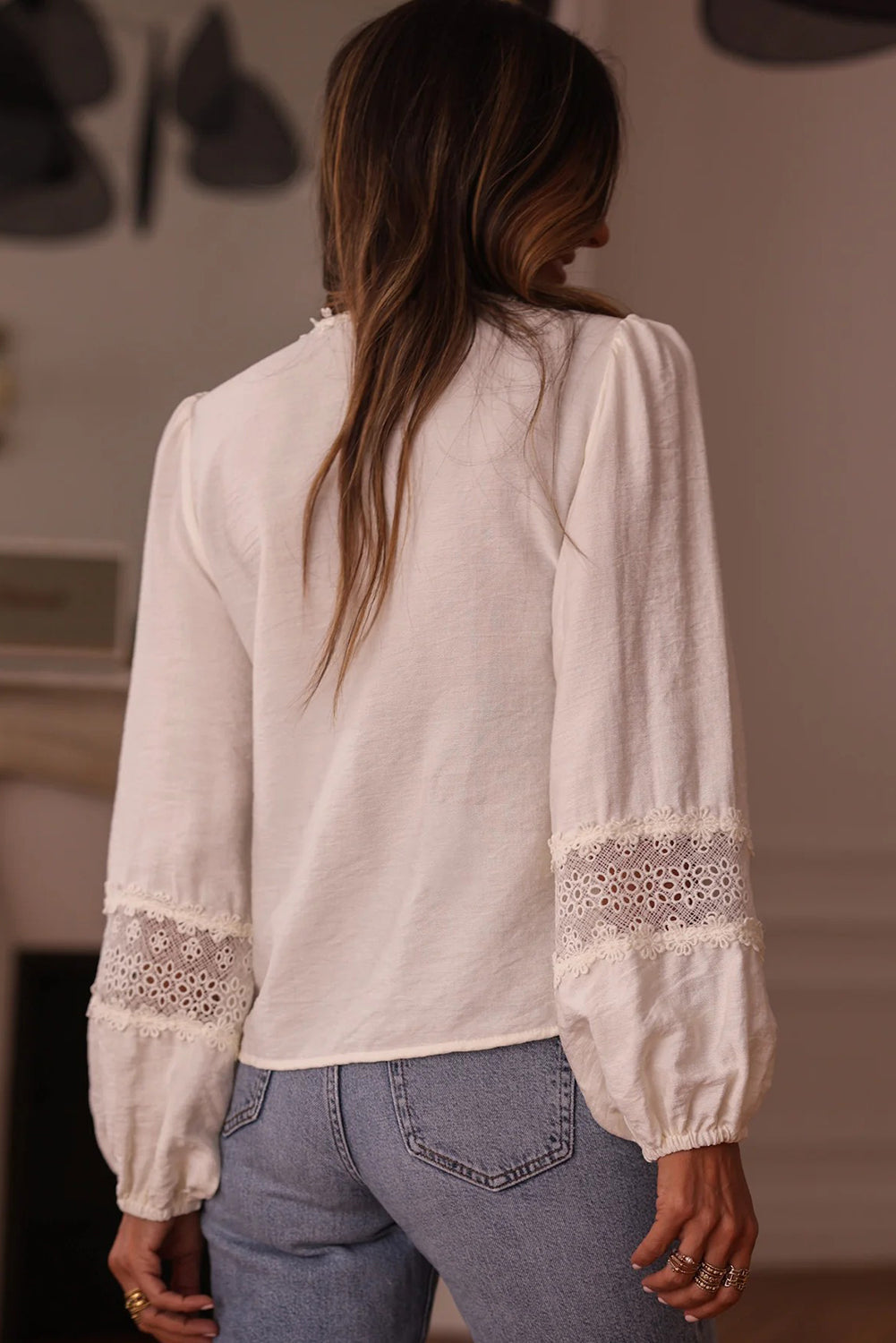 Floral Guipure Lace Patchwork Frilled Long Sleeve Blouse