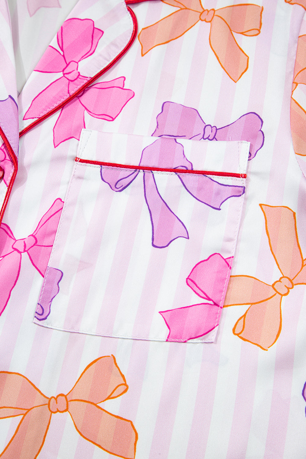 Pink Striped Bow Print Contrast Piping Trim Shirt and Bottoms Pyjama Set