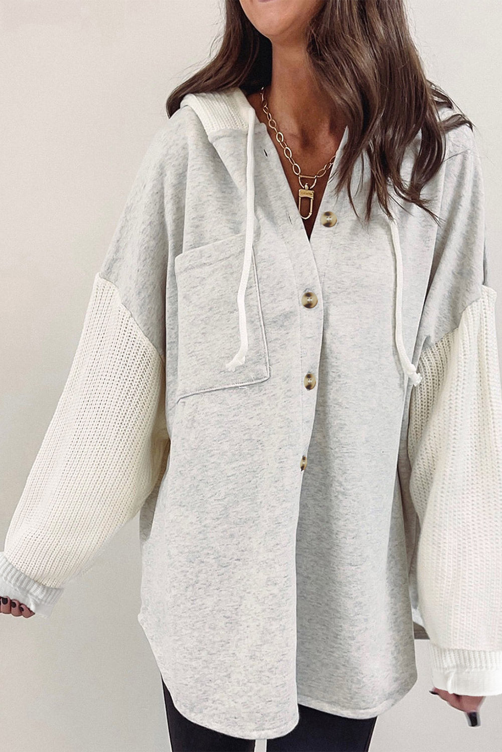 Grey Button Up Contrast Knitted Sleeves Hooded Jacket Beagle Boutique Fashion Outlet