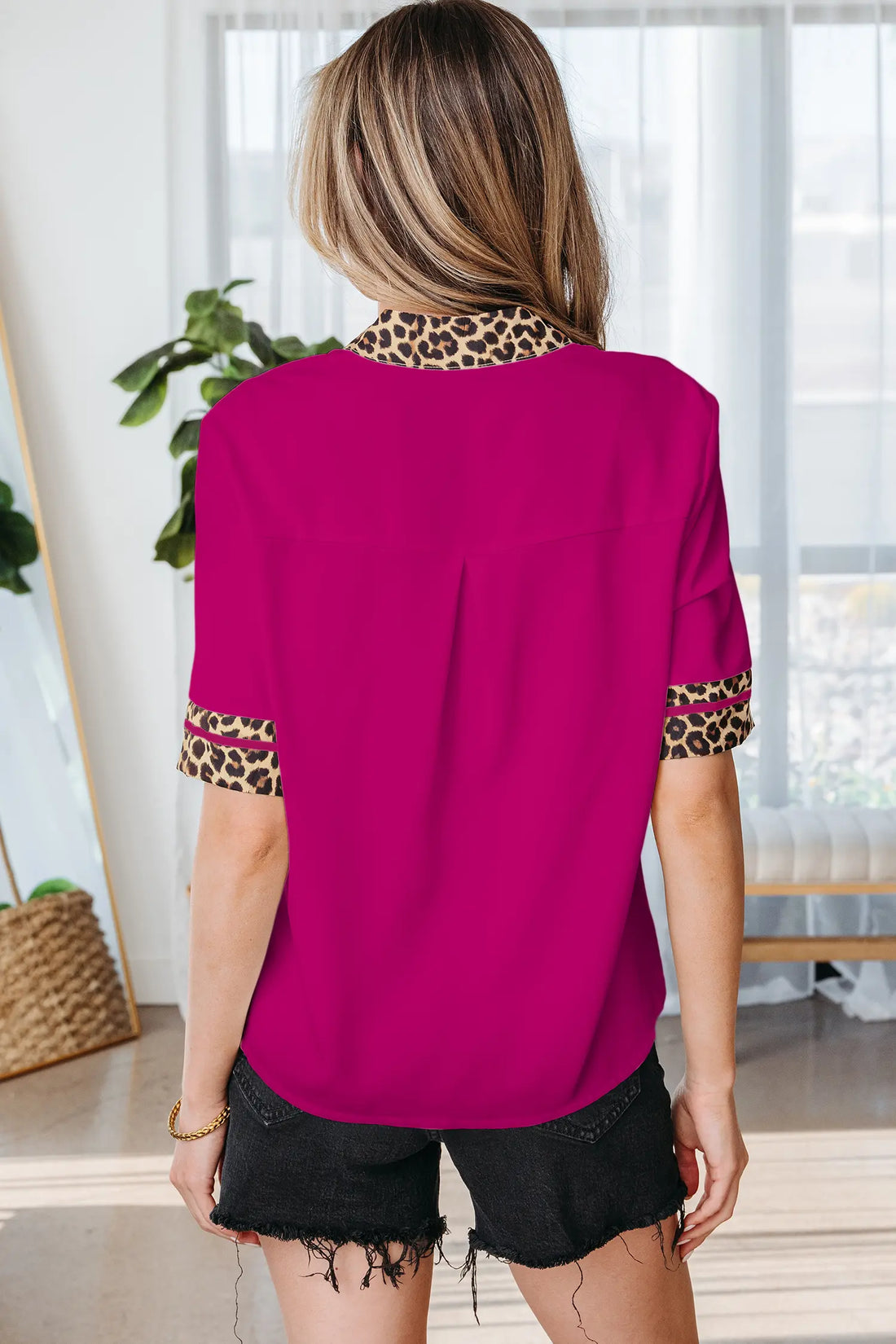 Leopard Patchwork Trim Split Neck Short Sleeve Blouse
