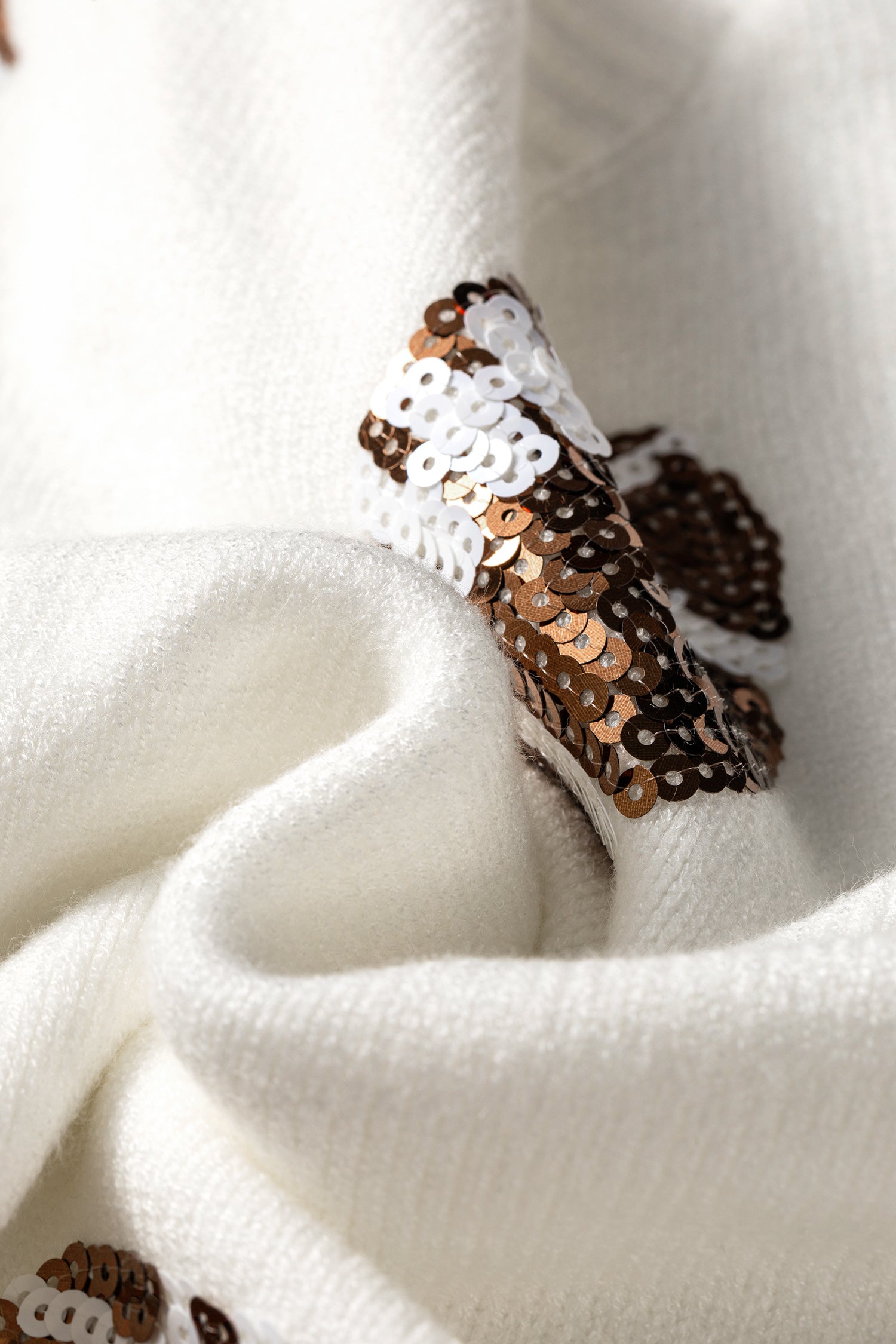 Sequin Football Print Round Neck Long Sleeve Loose Fit Sweater – Beige
