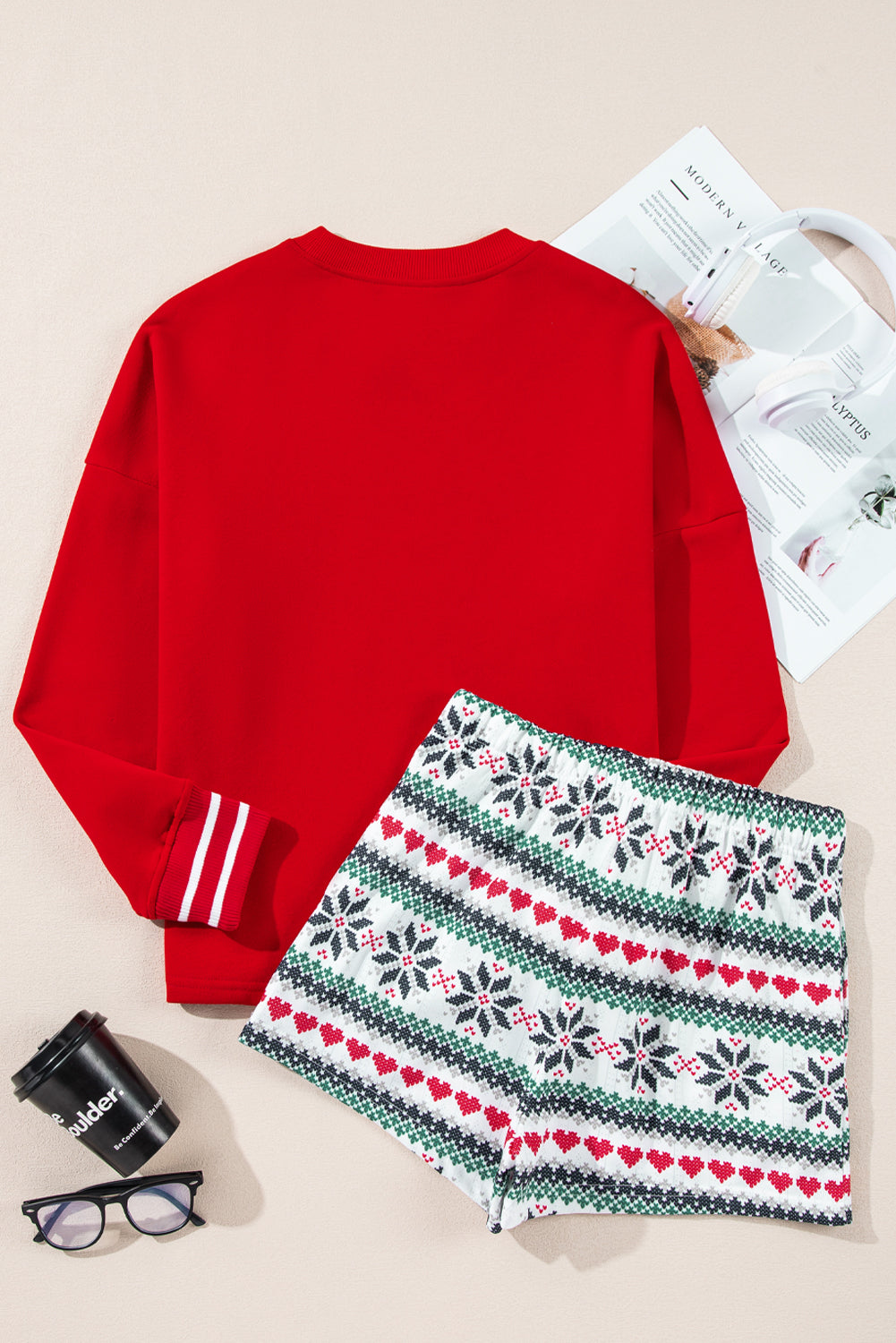 Red SLEIGH Snowflake Print Long Sleeve and Shorts Pyjama Set - eAura
