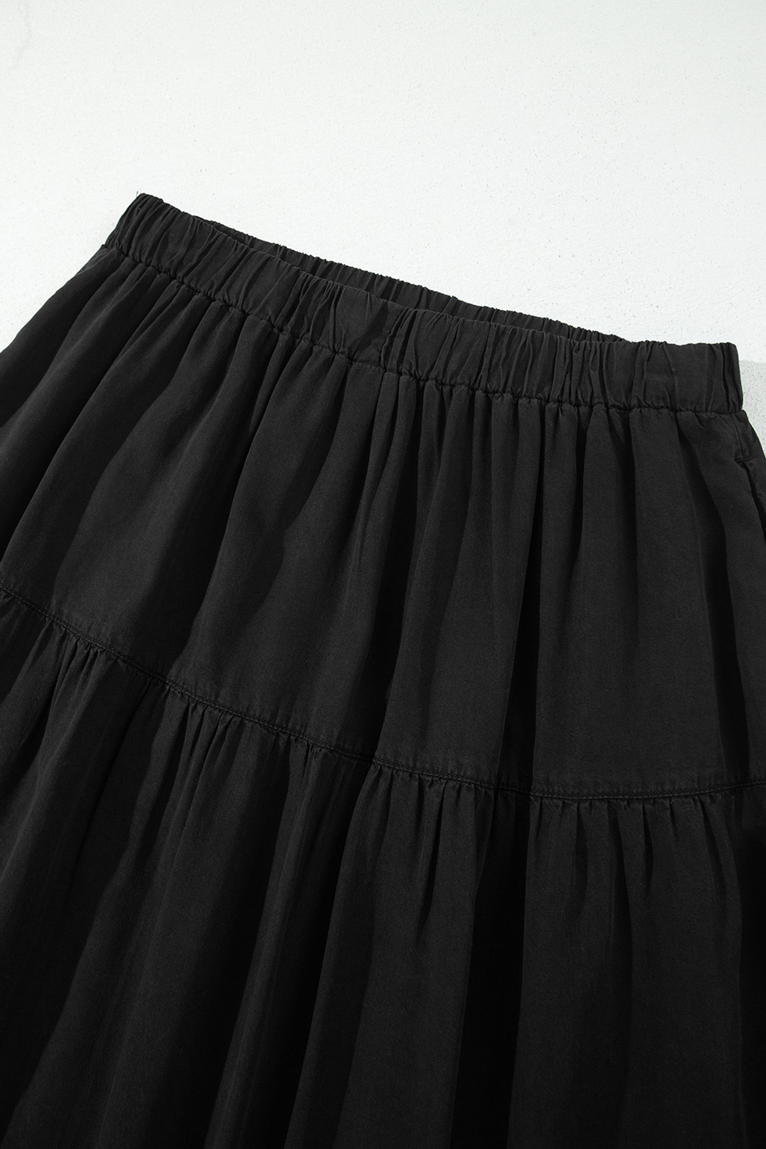 Elastic Waist Ruffled Tiered Flared Denim Maxi Skirt – Black