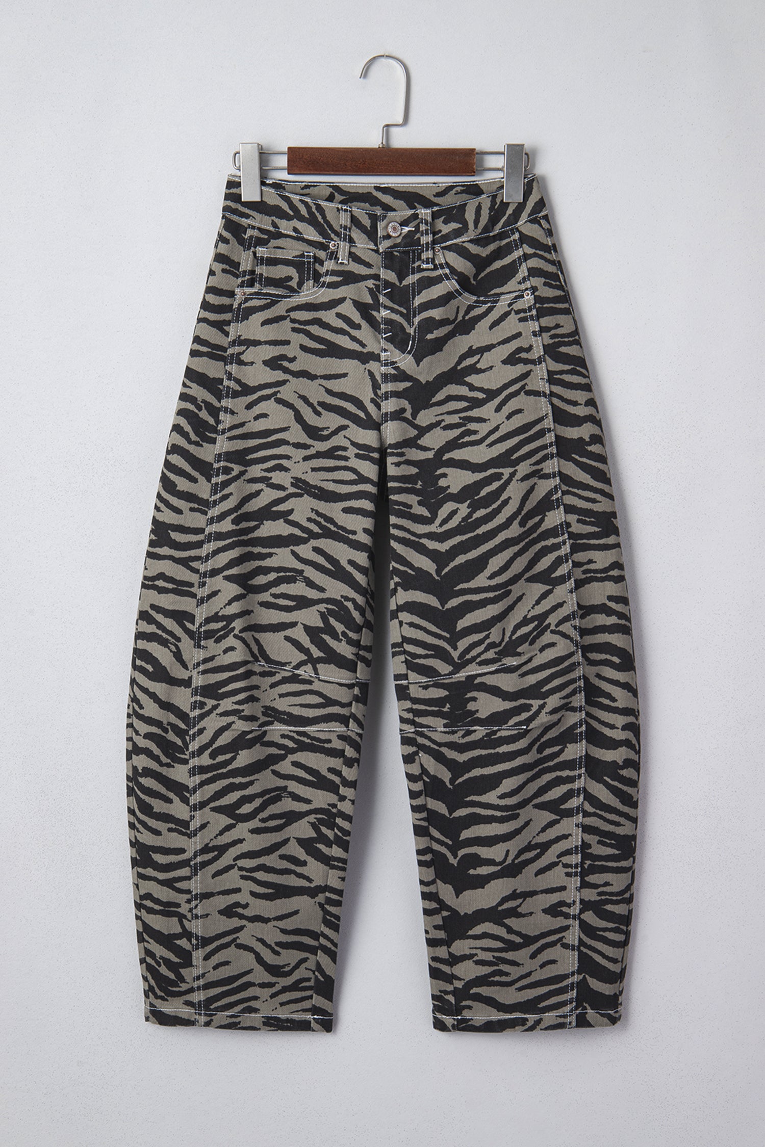 Zebra Stripe Printed Wide Leg Barrel Jeans – Gray