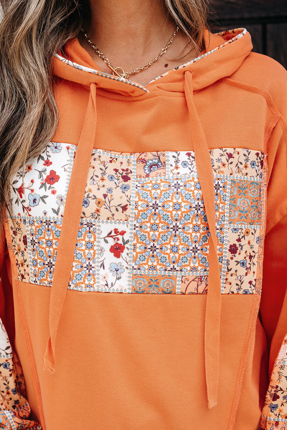 Mix Floral Patchwork Side Slit Drawstring Hoodie eAura