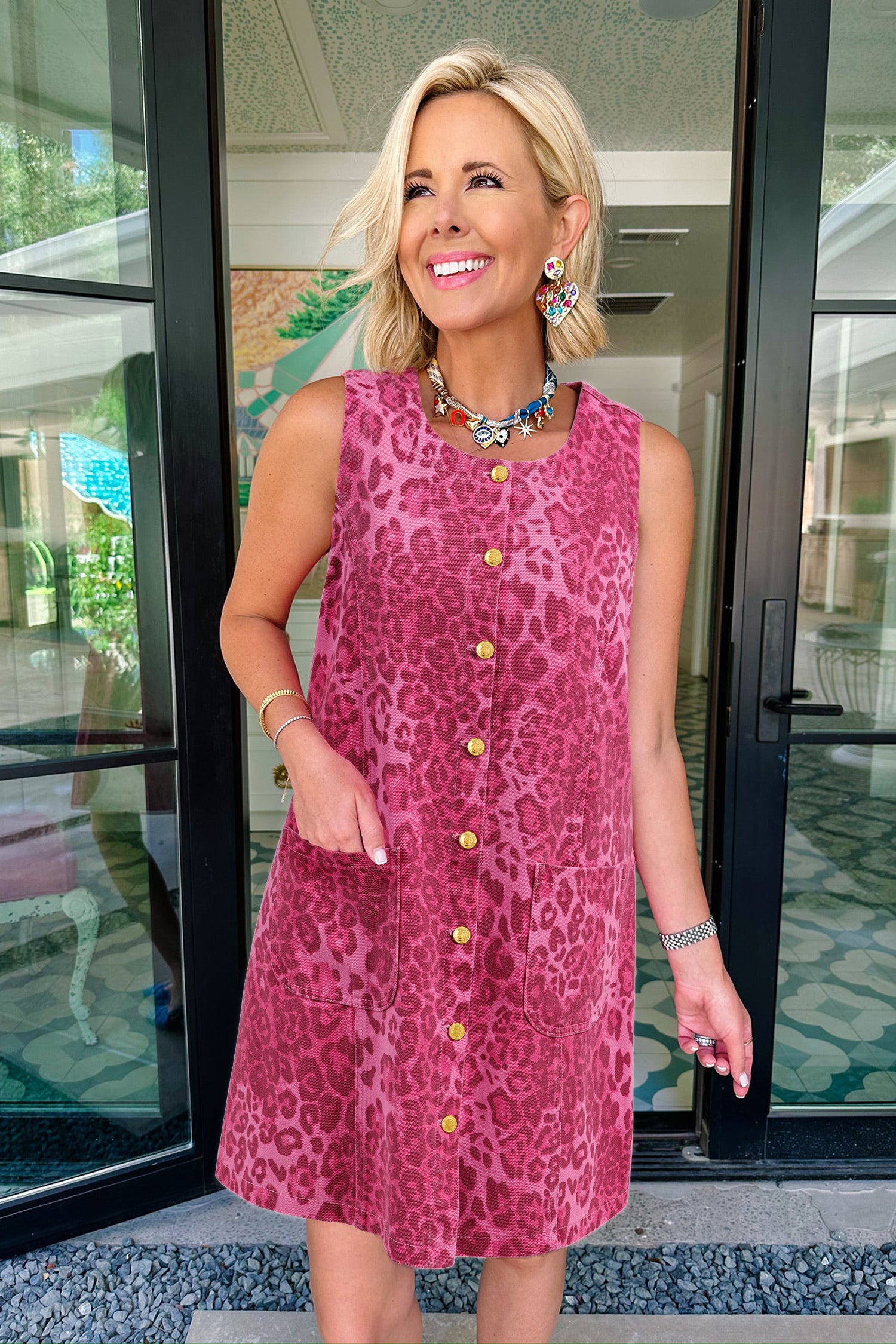 Leopard Print Denim Buttoned Shift Sleeveless Mini Dress