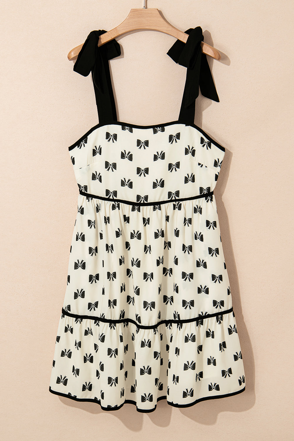 White Bow Knot Contrast Trim Tie Shoulder Mini Dress eAura