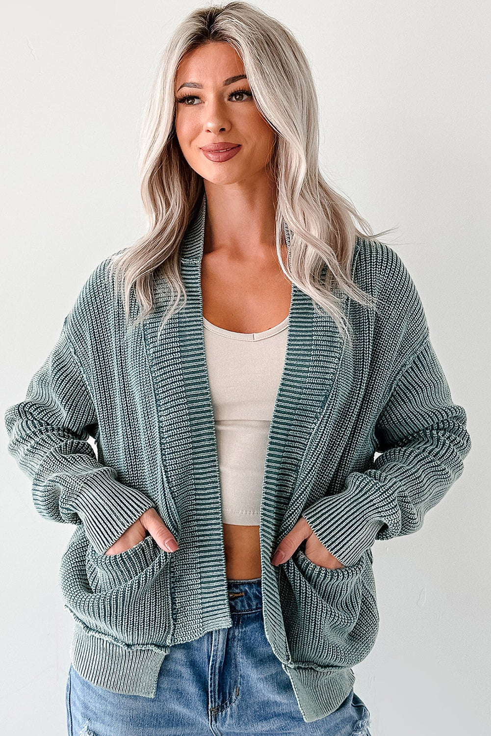 Mineral Wash Exposed Seam Patchwork Knit Open Cardigan
