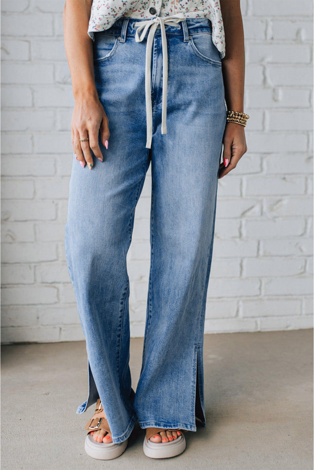 Slit Leg High Rise Drawstring Casual Jeans - eAura