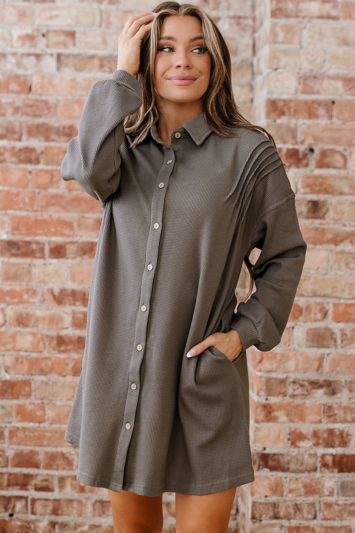 Waffle Knit Shirt Tunic Dress - eAura