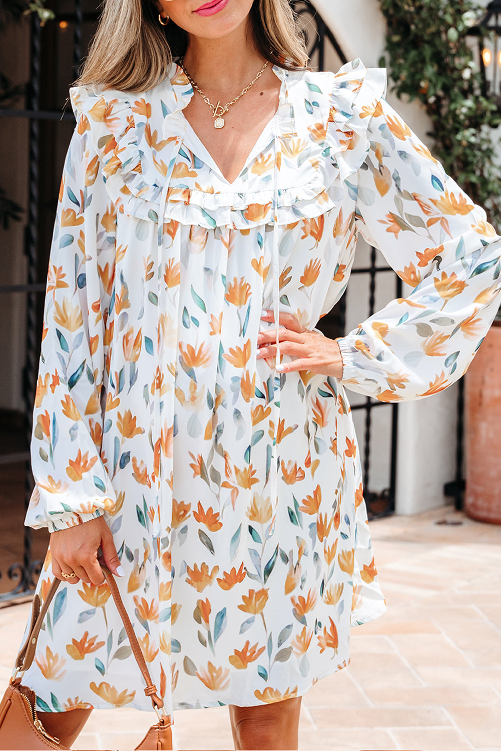 Yellow Floral Print Tie Neck Frilled Detail Long Sleeve Mini Dress eAura