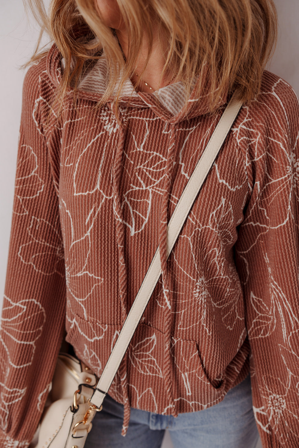 Brown Floral Rib Drawstring Kangaroo Pocket Hoodie - eAura