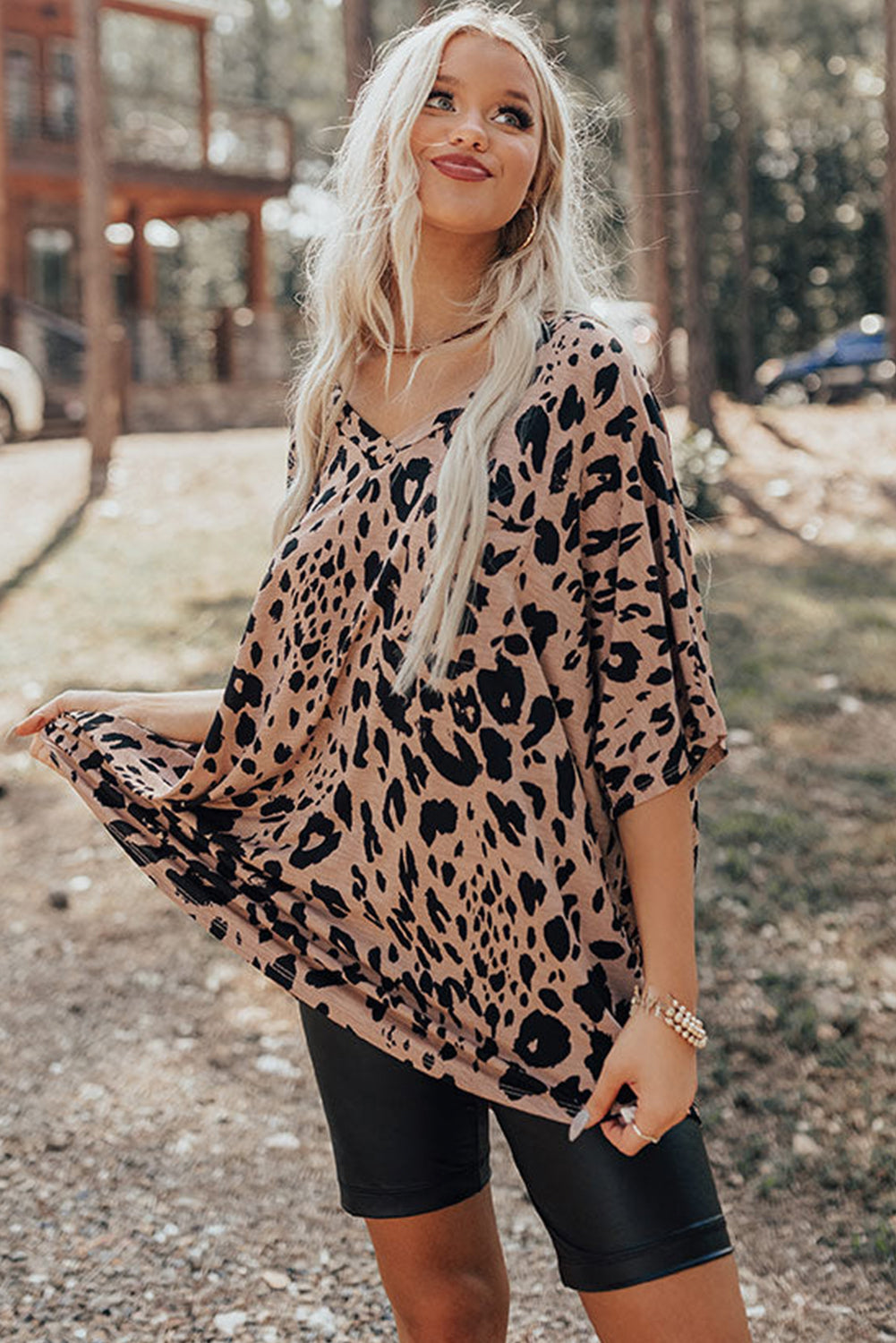 Brown Leopard Print V Neck Half Sleeve Oversized Tee eAura