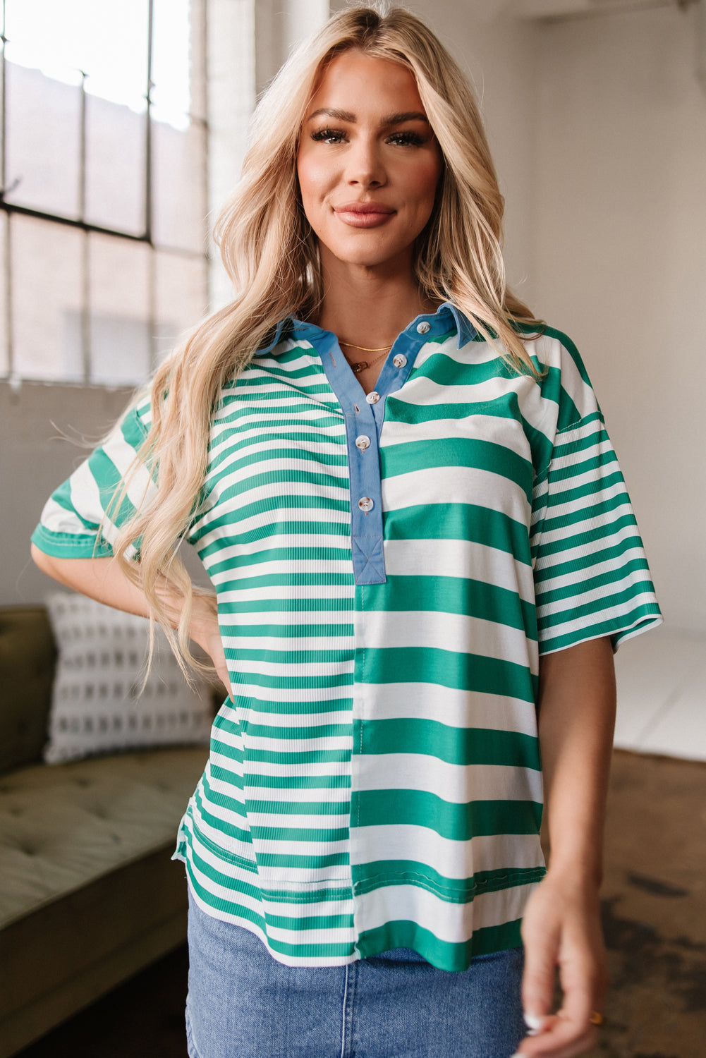 Green Stripe Colourblock Collar Half Buttons T Shirt eAura