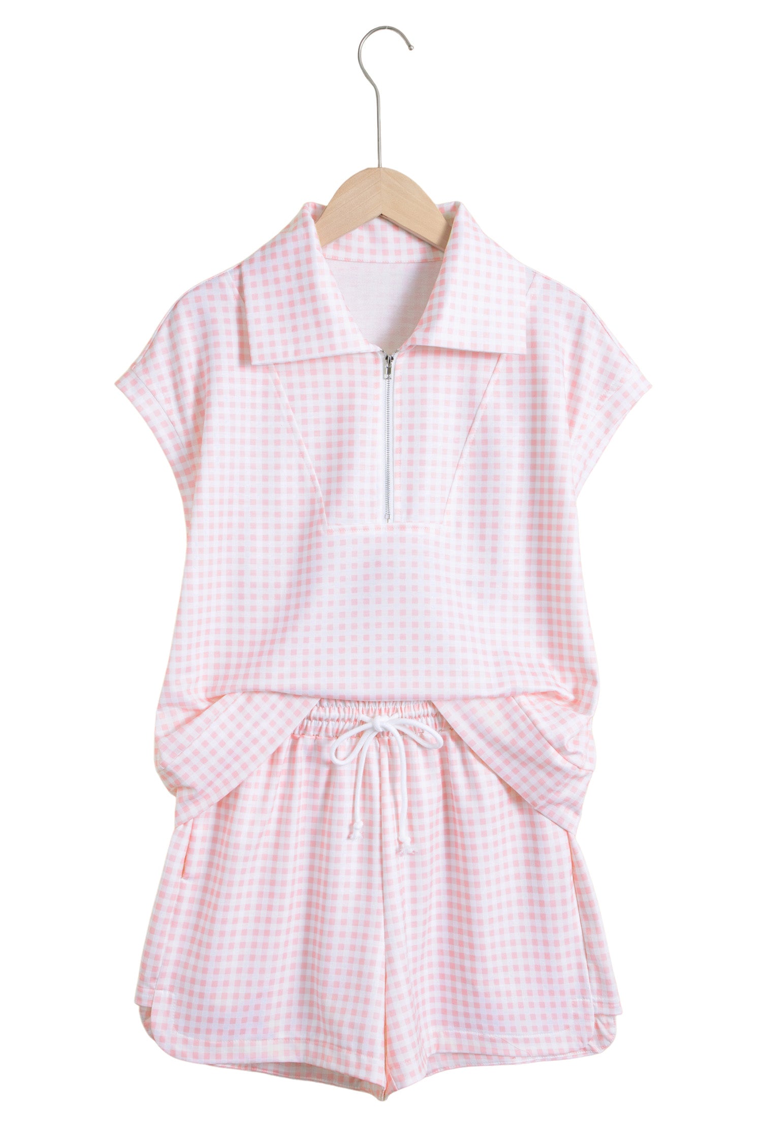 Pink Plaid Zip Neck Sleeveless Top & Elastic Waist Shorts Two Piece Set