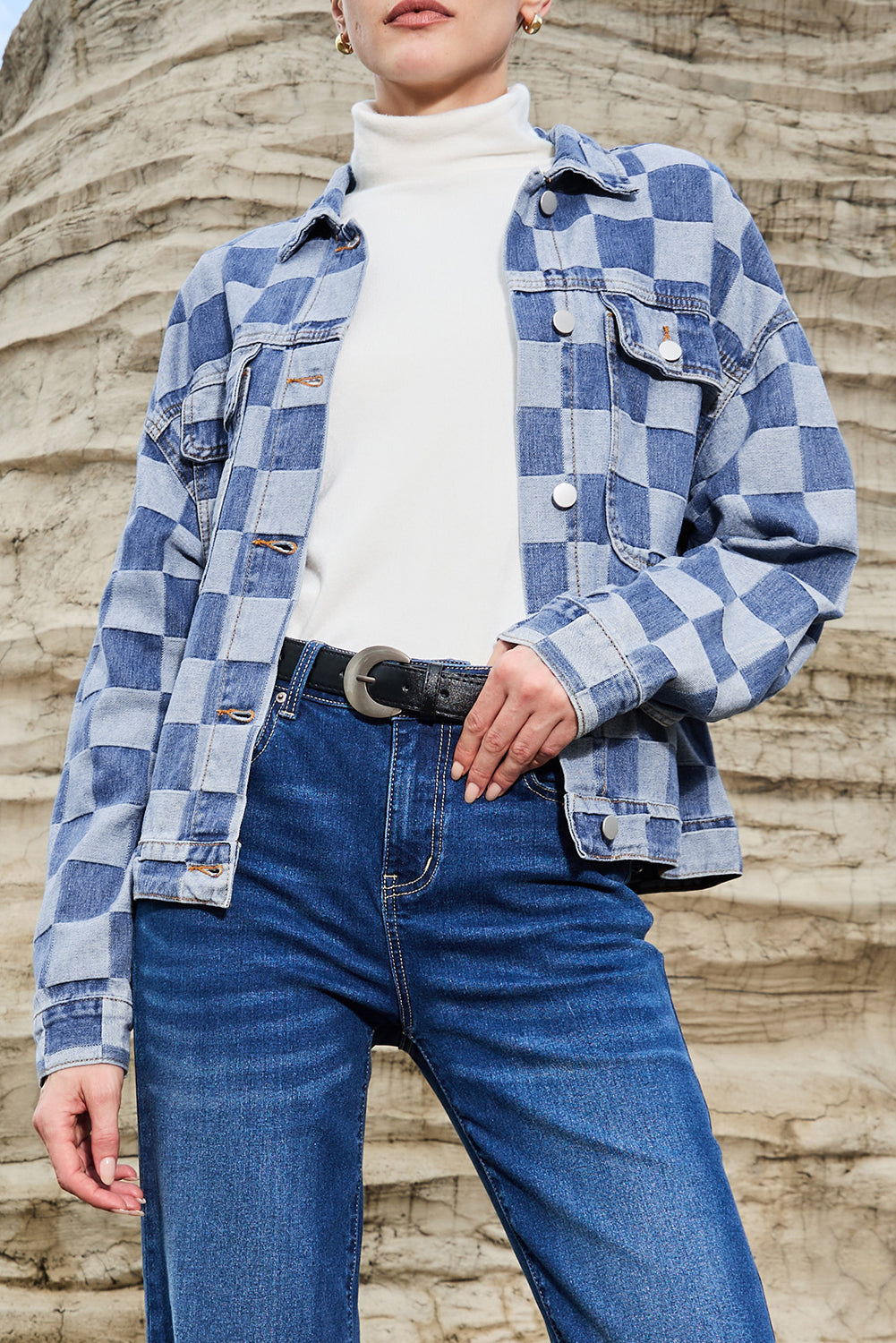 Light Blue Checkered Patchwork Button up Denim Jacket Beagle Boutique Fashion Outlet
