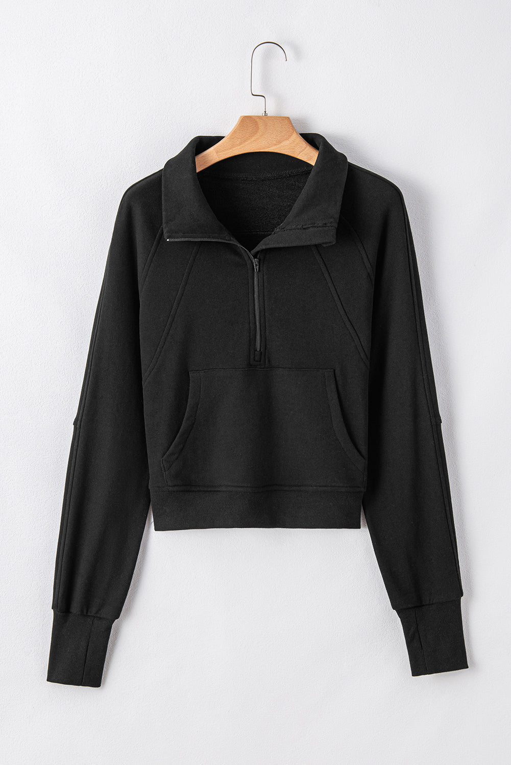 Brown Fleece Lined Zip Up Stand Collar Thumbhole Sleeve Sweatshirt eAura