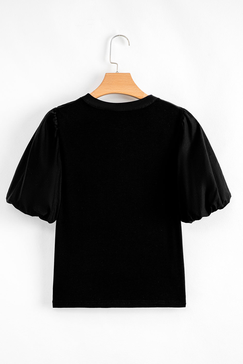 Black Ribbed Patchwork Puff Sleeve Half Button Placket Slim Fit Top eAura