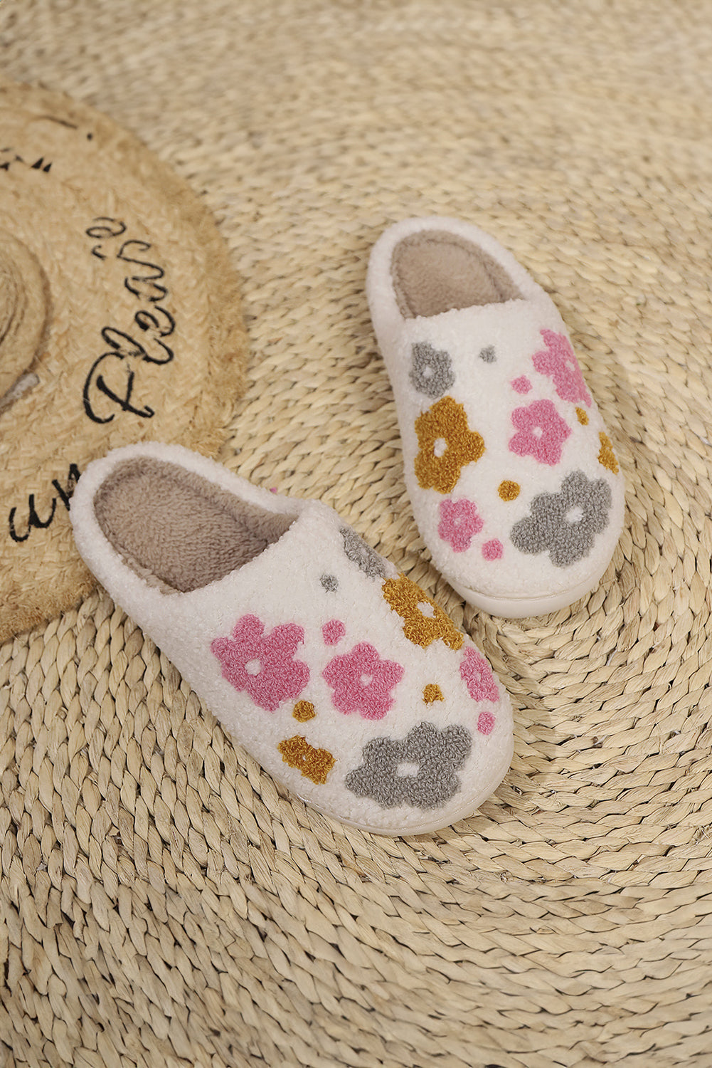 White Floral Fuzzy Slippers