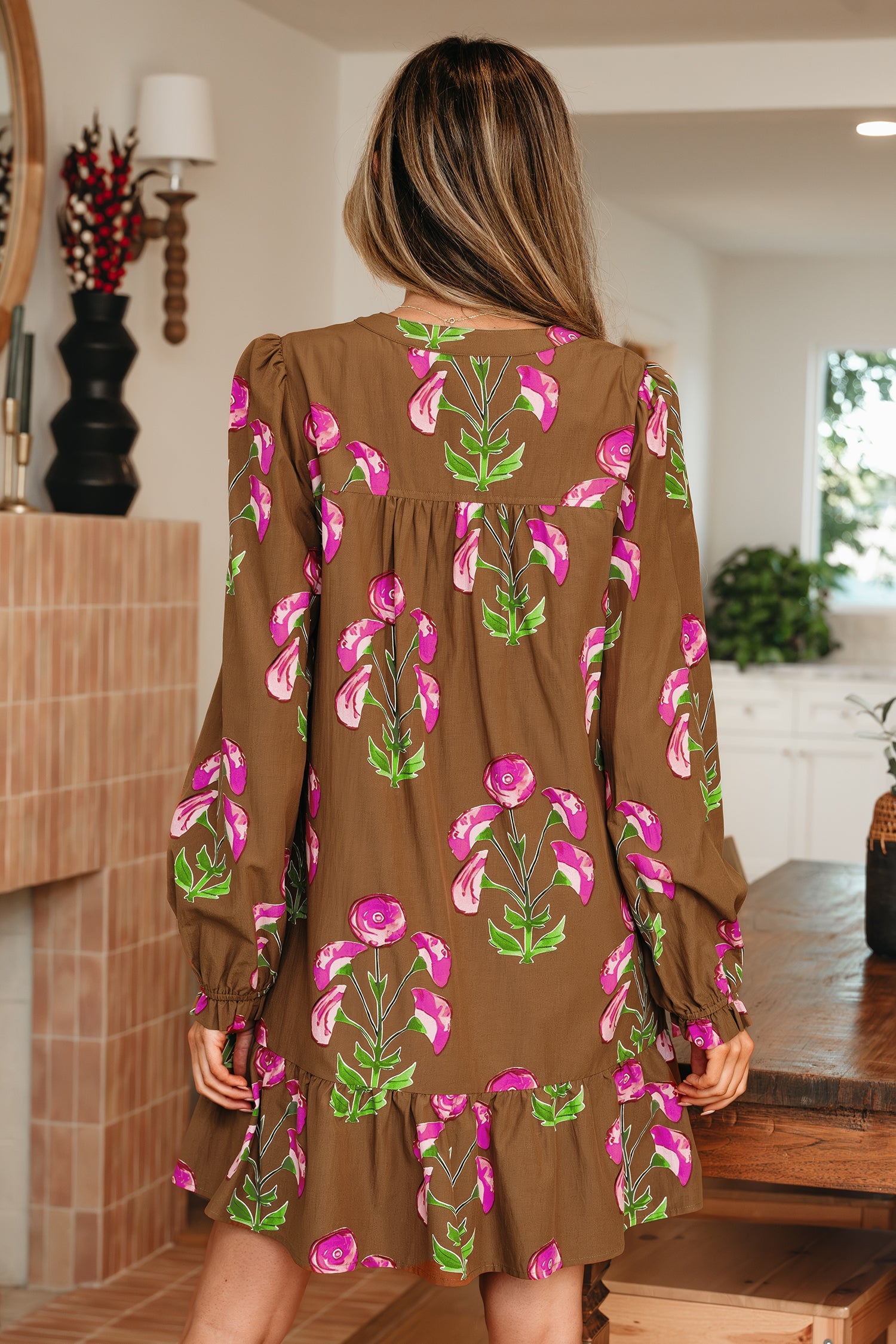 Brown Contrast Floral Print Babydoll Tunic Ruffled Hem Puff Sleeve Dress - Dresses/Floral Dresses