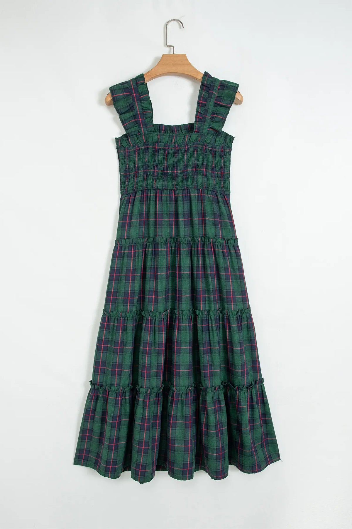 Plaid Ruffle Sleeveless Shirred Bodice Tiered Midi Dress – Green