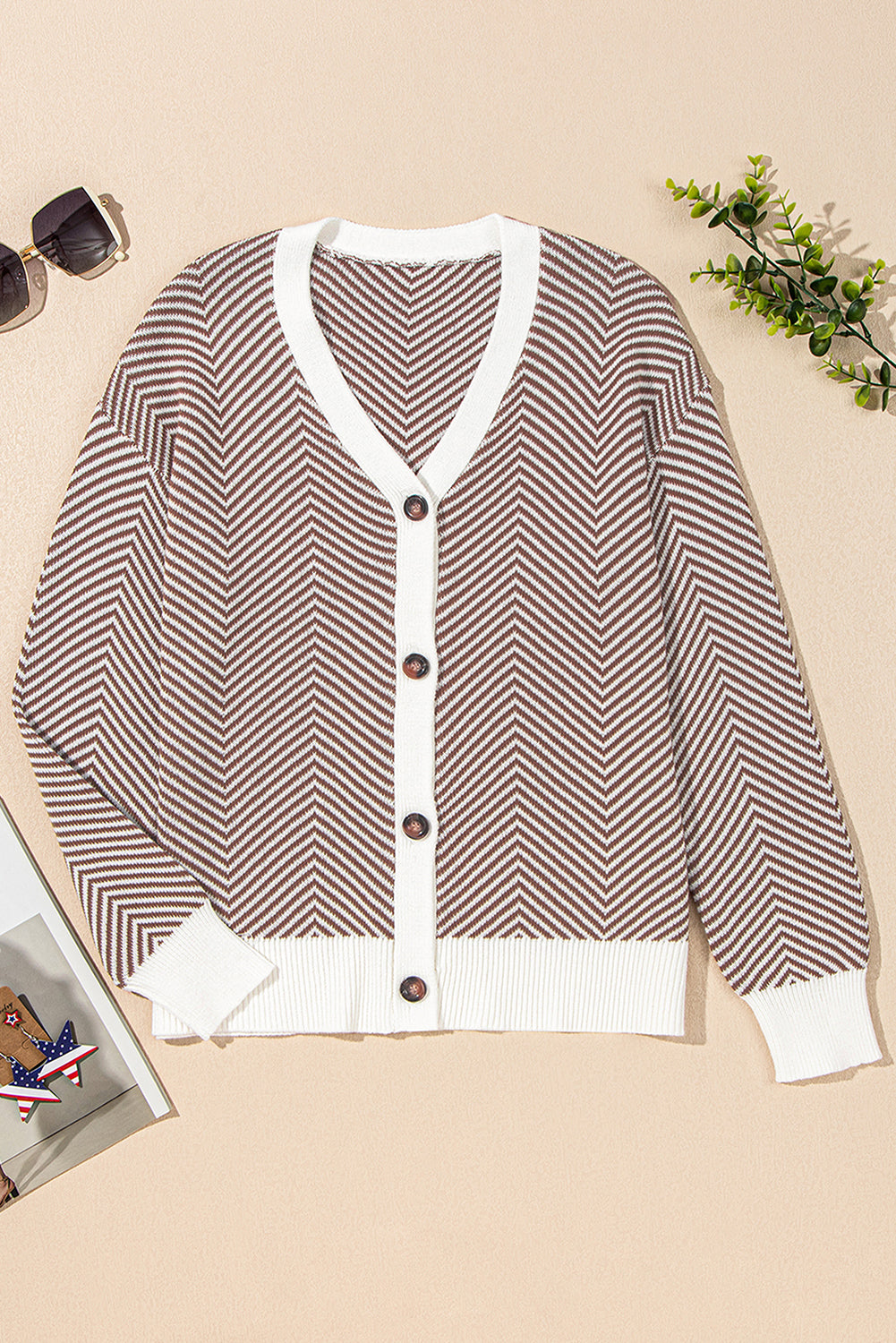 Brown Stripe Buttoned Front V Neck Herringbone Cardigan Dear-Lover Dropshipping