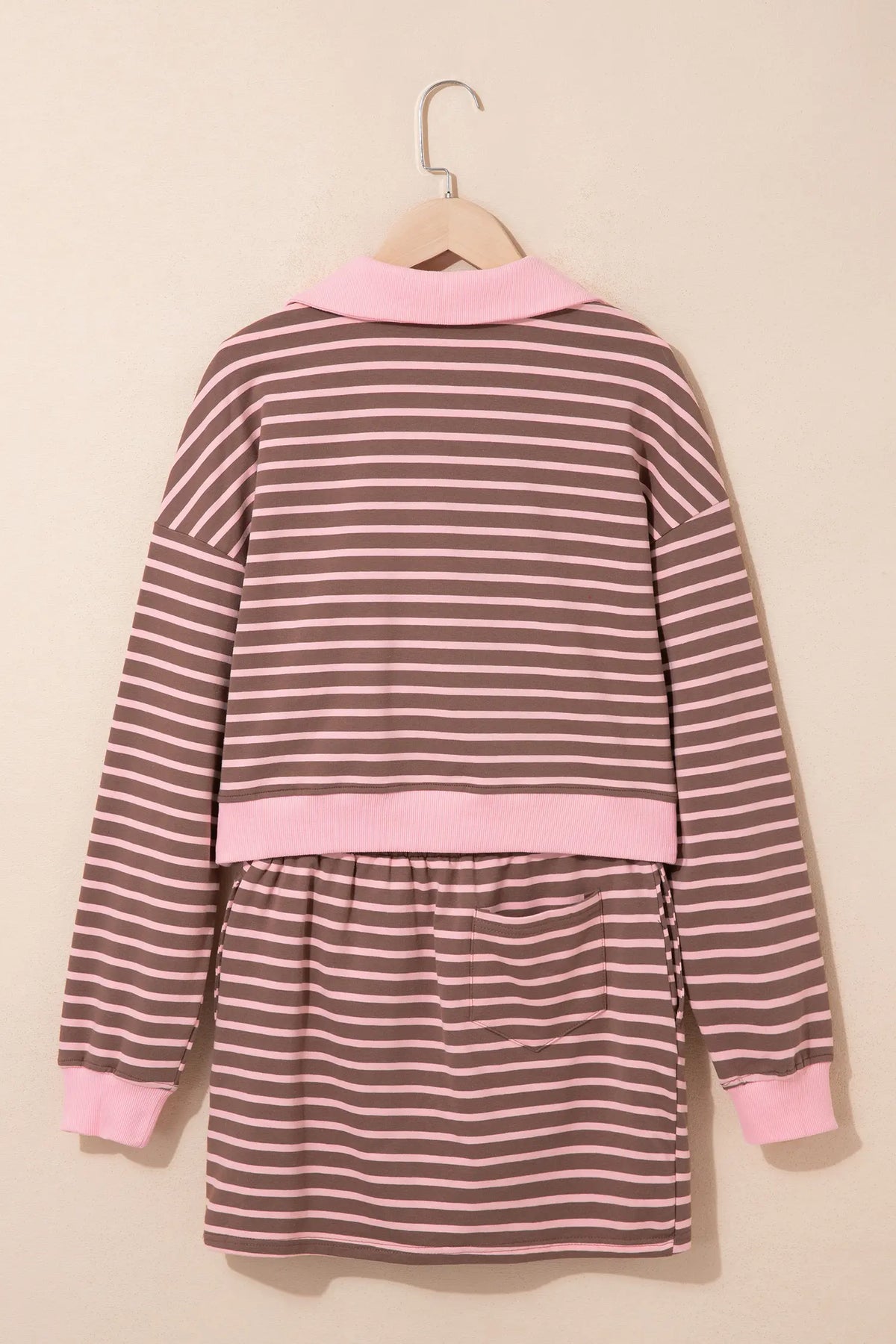 Striped Drawstring Waist Long Sleeve Top Mini Skort Set – Brown Stripe