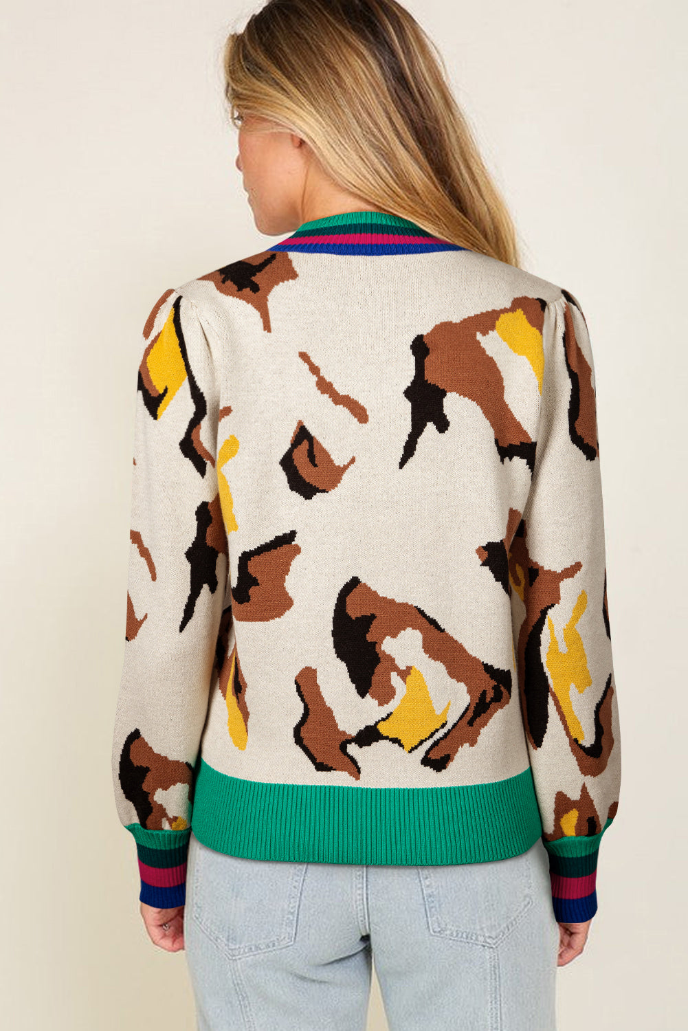 Contrast Ribbed Stripes Detail Animal Pattern Knit Sweater Dear-Lover Dropshipping