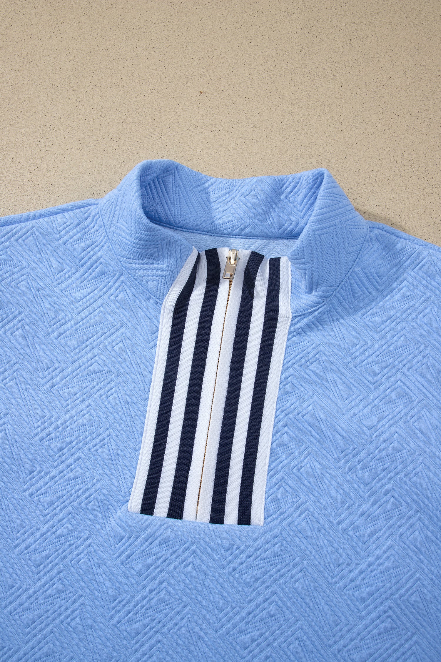 Myosotis Stylish Textured Stripe Trim Split Neck Puff Sleeve Top – Blue