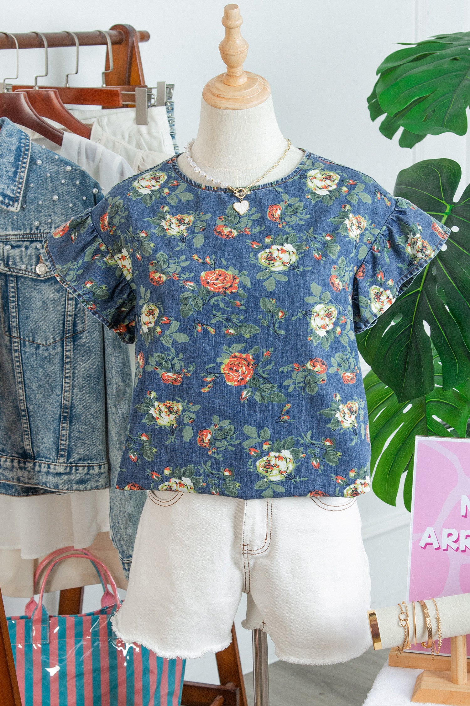 Ruffled Short Sleeve Floral Denim Top