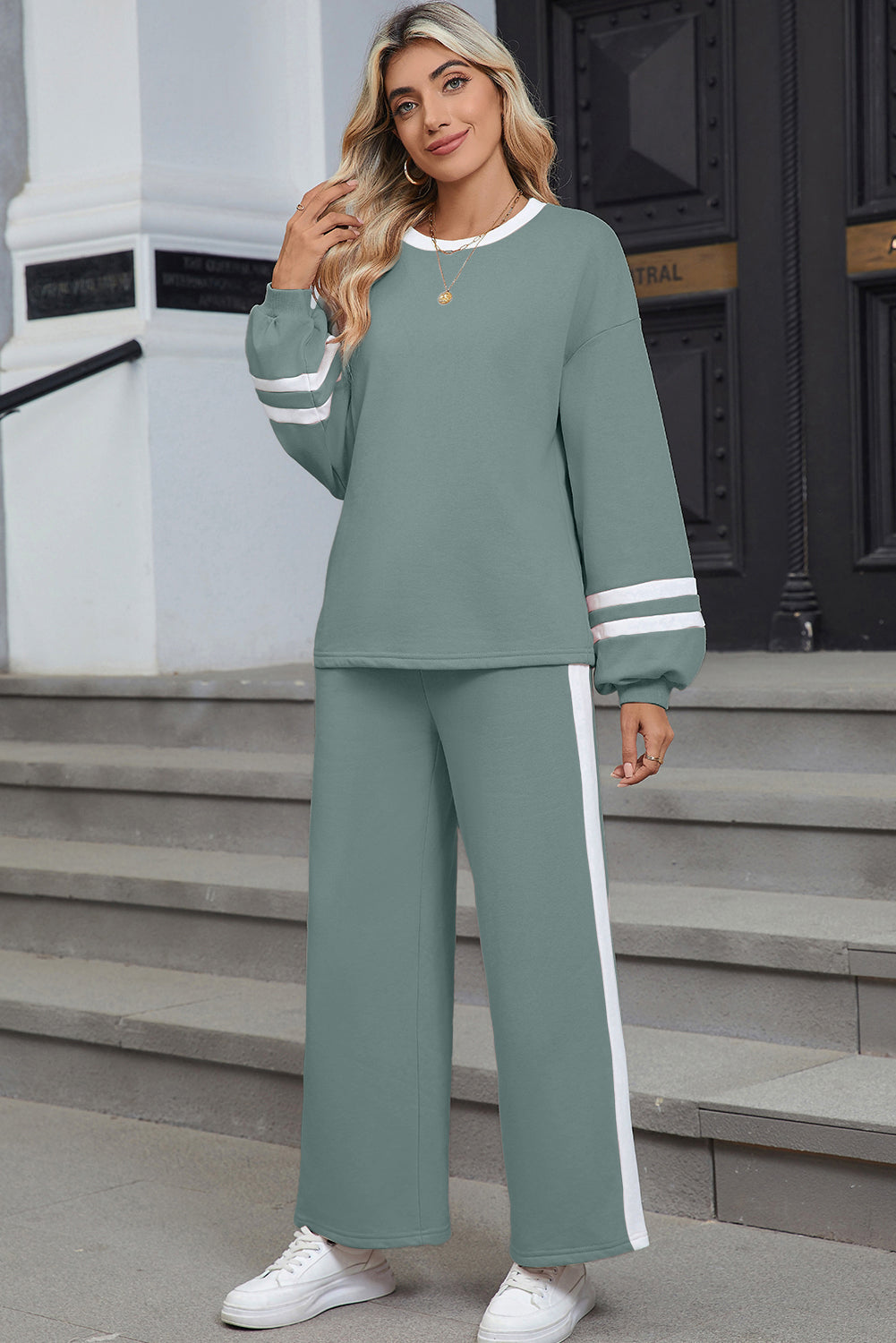 Varsity Stripe Patchwork Puff Sleeve Pullover Drawstring Wide Leg Trouser Co-ord Set eAura