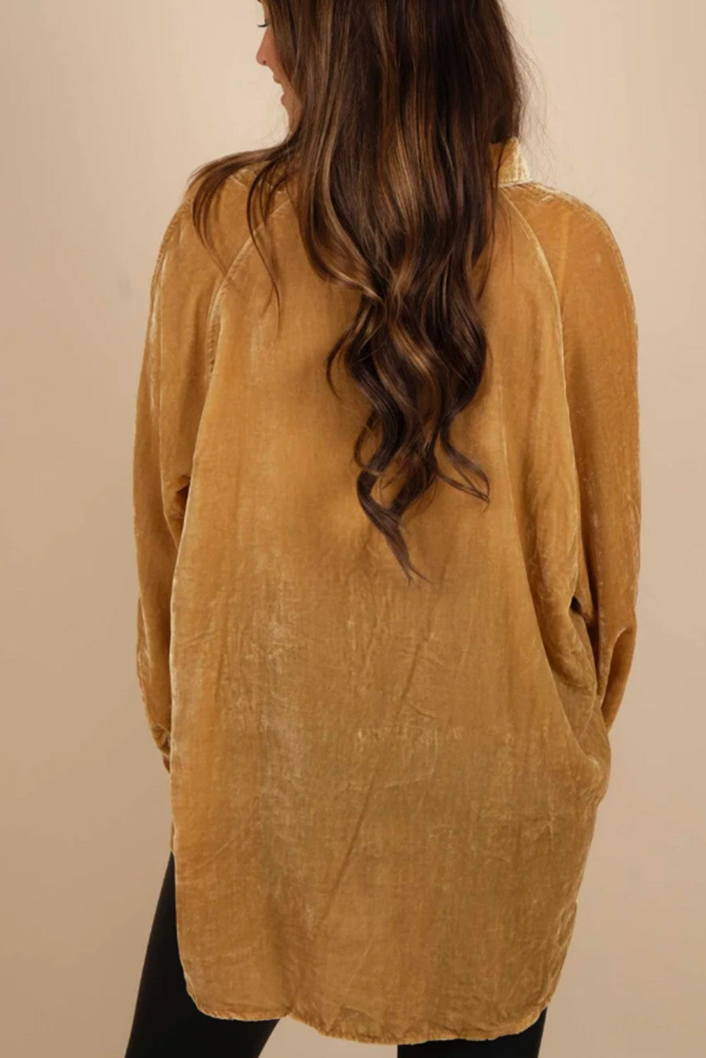 Gold Solid Color Button Up Loose Fit Velvet Shirt BB Fashion Outlet