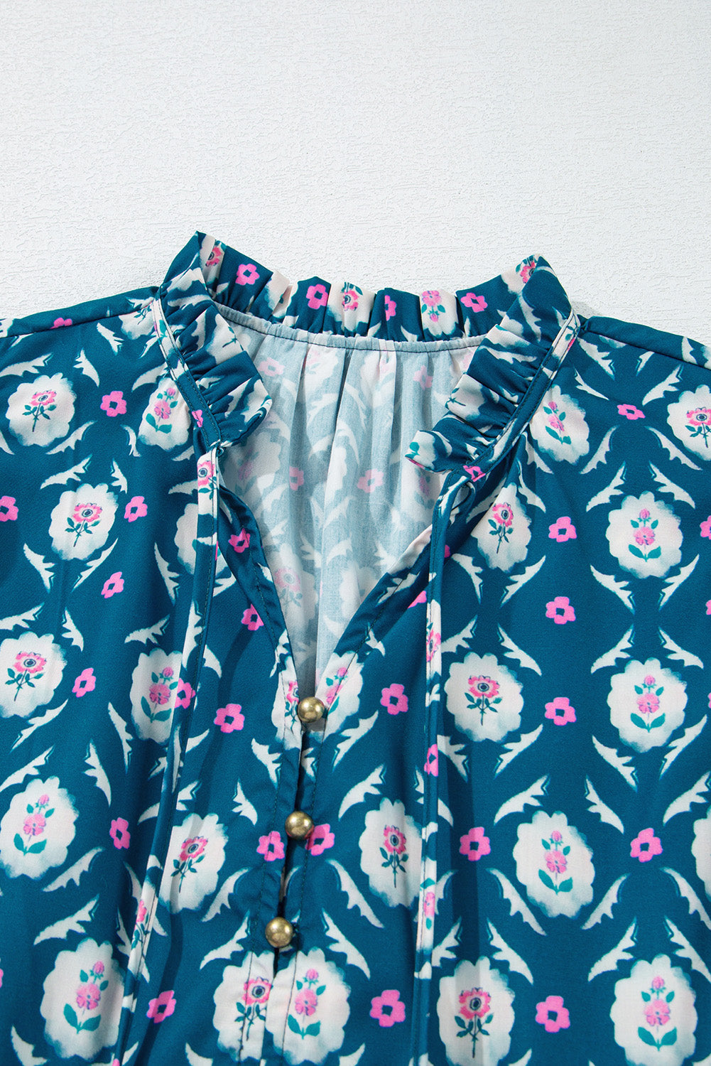 Blue Retro Floral Print Split Neck Ruffle Short Sleeve Dress eAura