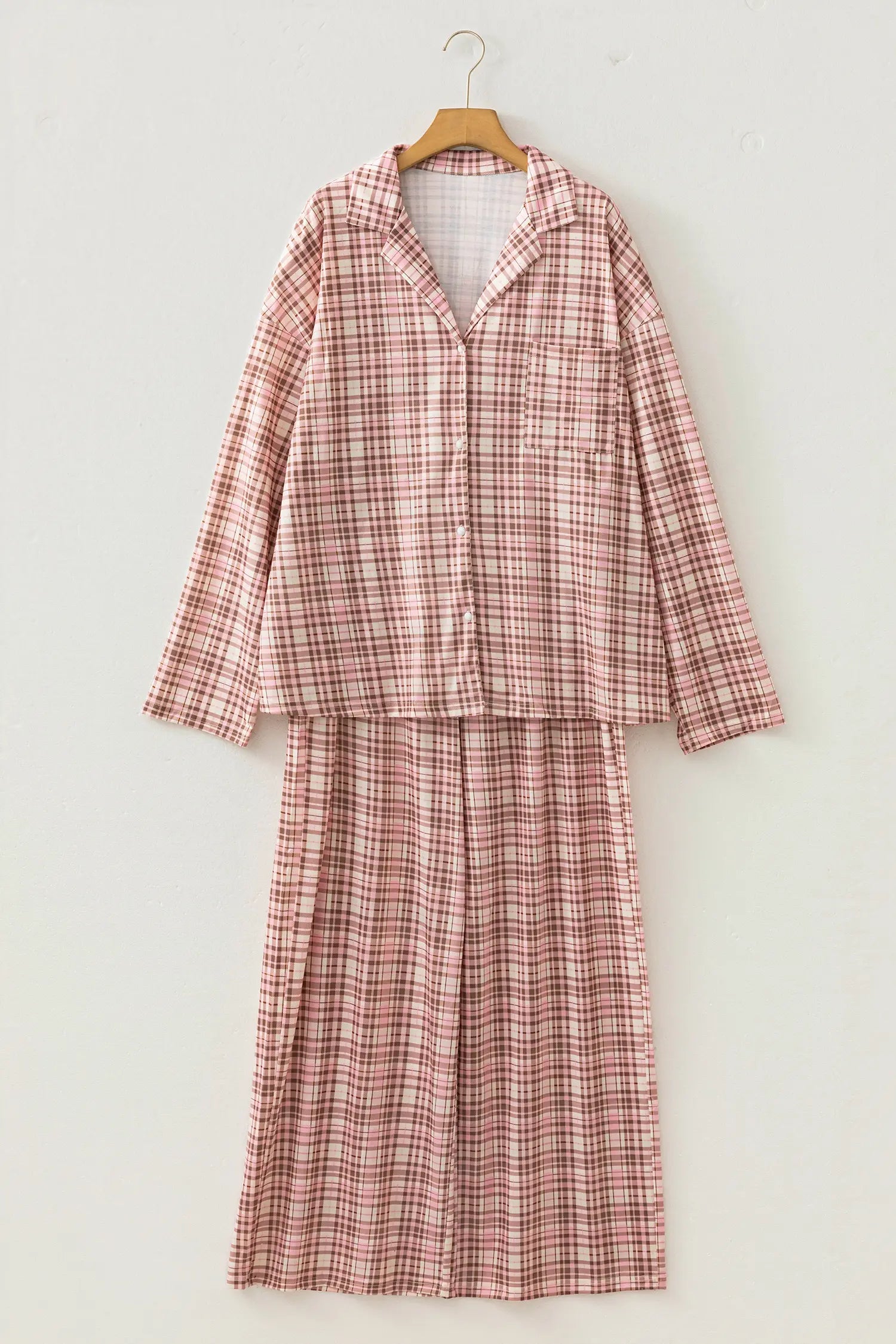 Plaid Patch Pockets Long Sleeve Pyjamas Lounge Set – Pink