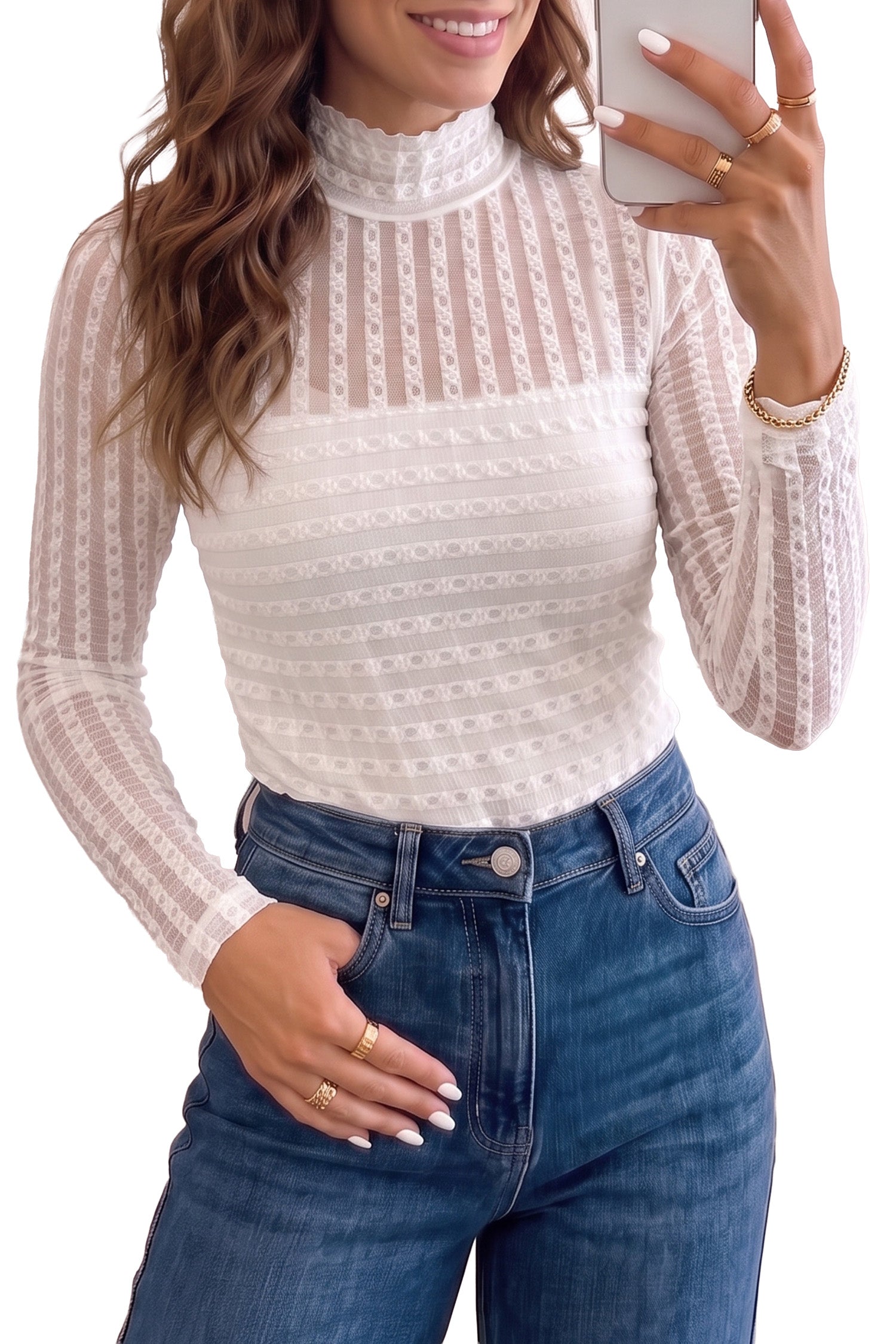 Textured Sheer Lace High Neck Long Sleeve Top – Beige