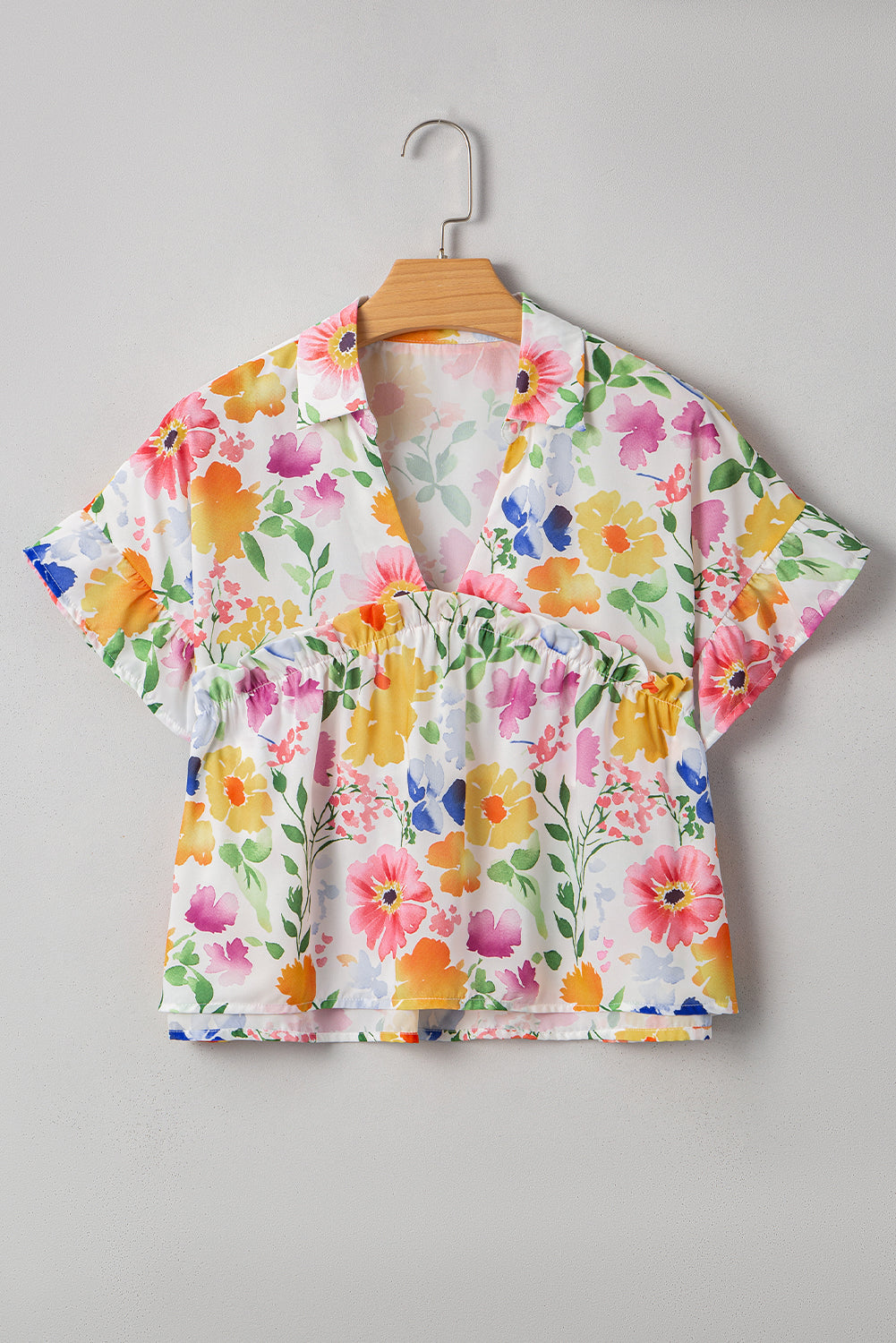 Yellow Floral Boxy Fit Ruffled Short Sleeve V Neck Blouse eAura
