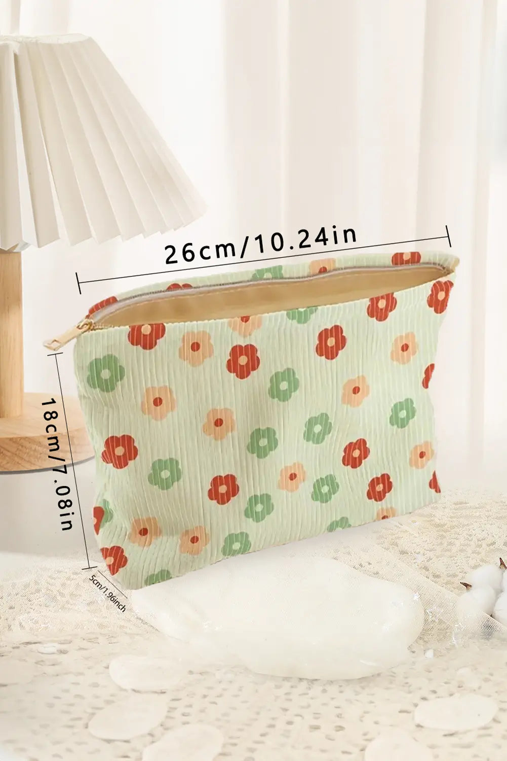Clearly Aqua Flower Print Corduroy Zipper Makeup Storage Bag