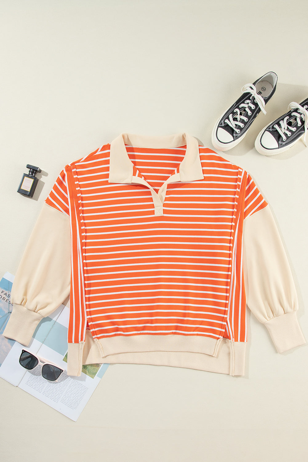 Orange Stripe Colour Block Loose Fit Collared Drop Shoulder Sweatshirt eAura