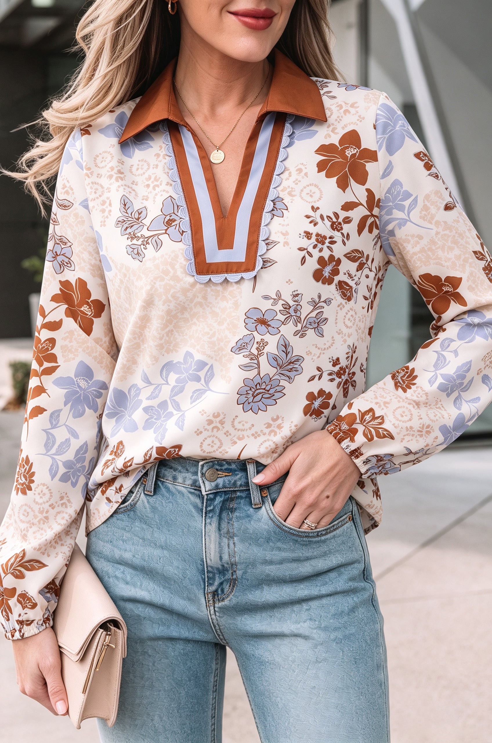 Floral Print Colorblock V Neck Long Sleeve Blouse – White
