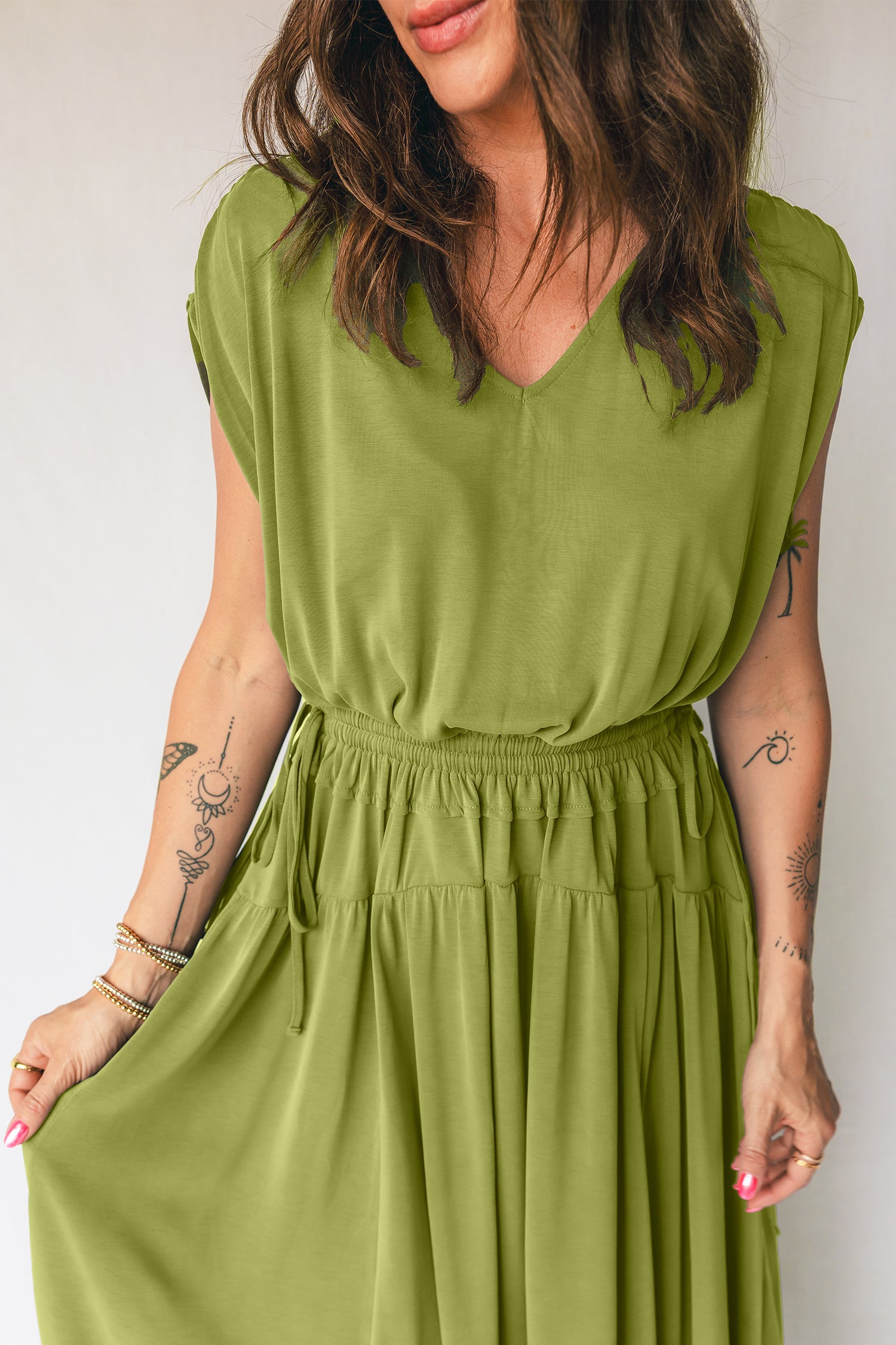 V-Neck Cap Sleeve Tunic Elastic Waist Versatile Maxi Dress