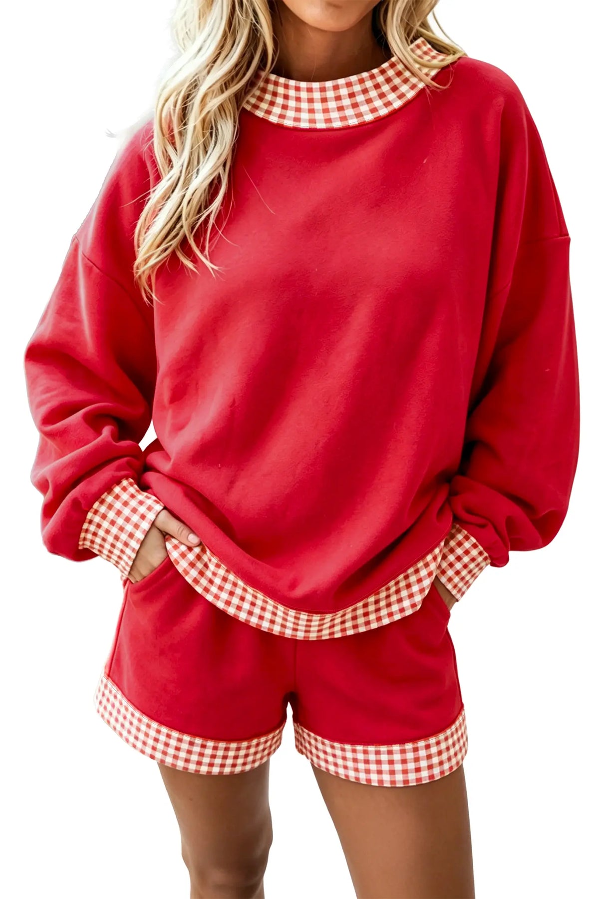 Gingham Trim Baggy Pullover 2pcs Short Set – Fiery Red